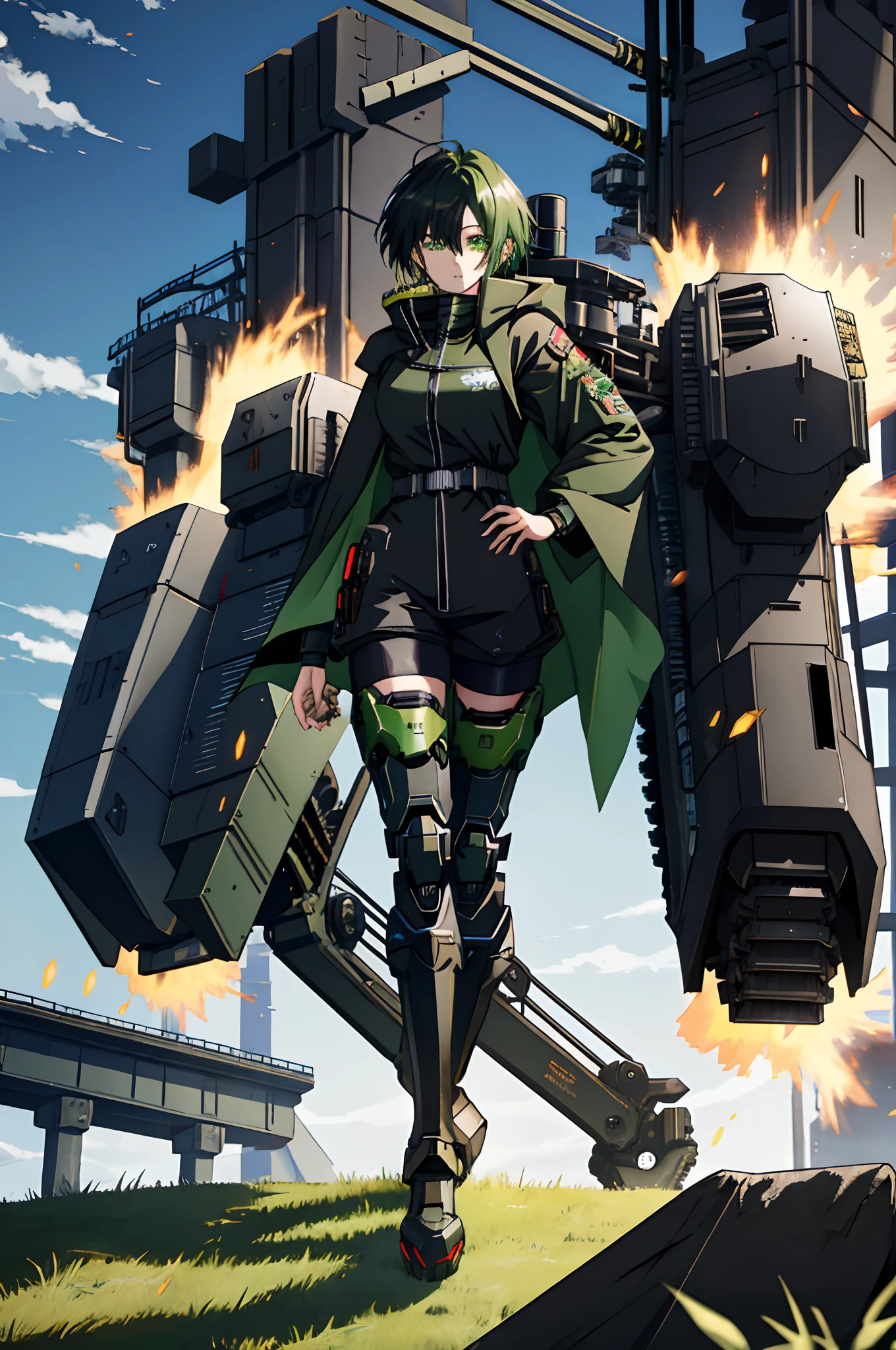 Anime girl sitting on the ground,Black cape and green hair, rogue anime girl, the anime girl is crouching, Wearing a cloak on the blasted plain, asuka suit under clothes!, holy cyborg necromancer girl, badass posture, mechanic punk outfit, anime styled 3d, render of a cute 3d anime girl, gapmoe yandere grimdark, Female character,musculature,Abs,Glowing green eyes,Black hair with green gradient,short detailed hair,Bunched hair,Dull hair,(1.5),Tomboyish,Be red in the face,looking at viewert,There was a mech next to her,One-eyed mech,The mech stretched out its wings to protect her,Mecha Dragon,Black color mecha,The mech came out of the hole,Elaborate Eyes,Black mechanical legs,There is a hole in the wall,Chopper knife,huge breasts1.5,