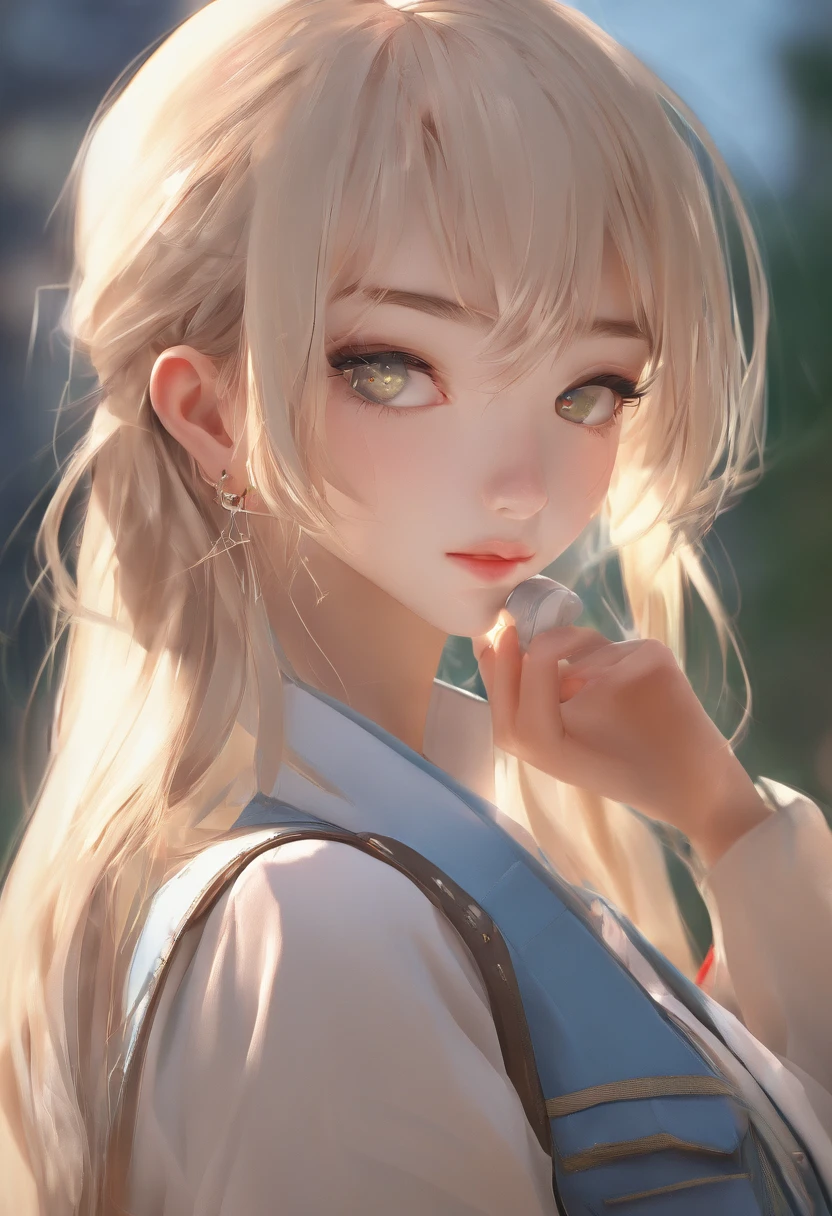 (Masterpiece), (Best quality, A high resolution, highly detailed, illustration), 1girll, Solo, City, Contemporary, Profile picture close-up, Long blonde beige hair, Green eyes, Beautiful detailed eyes, crouched, Earphone, 8K, trending on artstationh, Featured on Pixiv