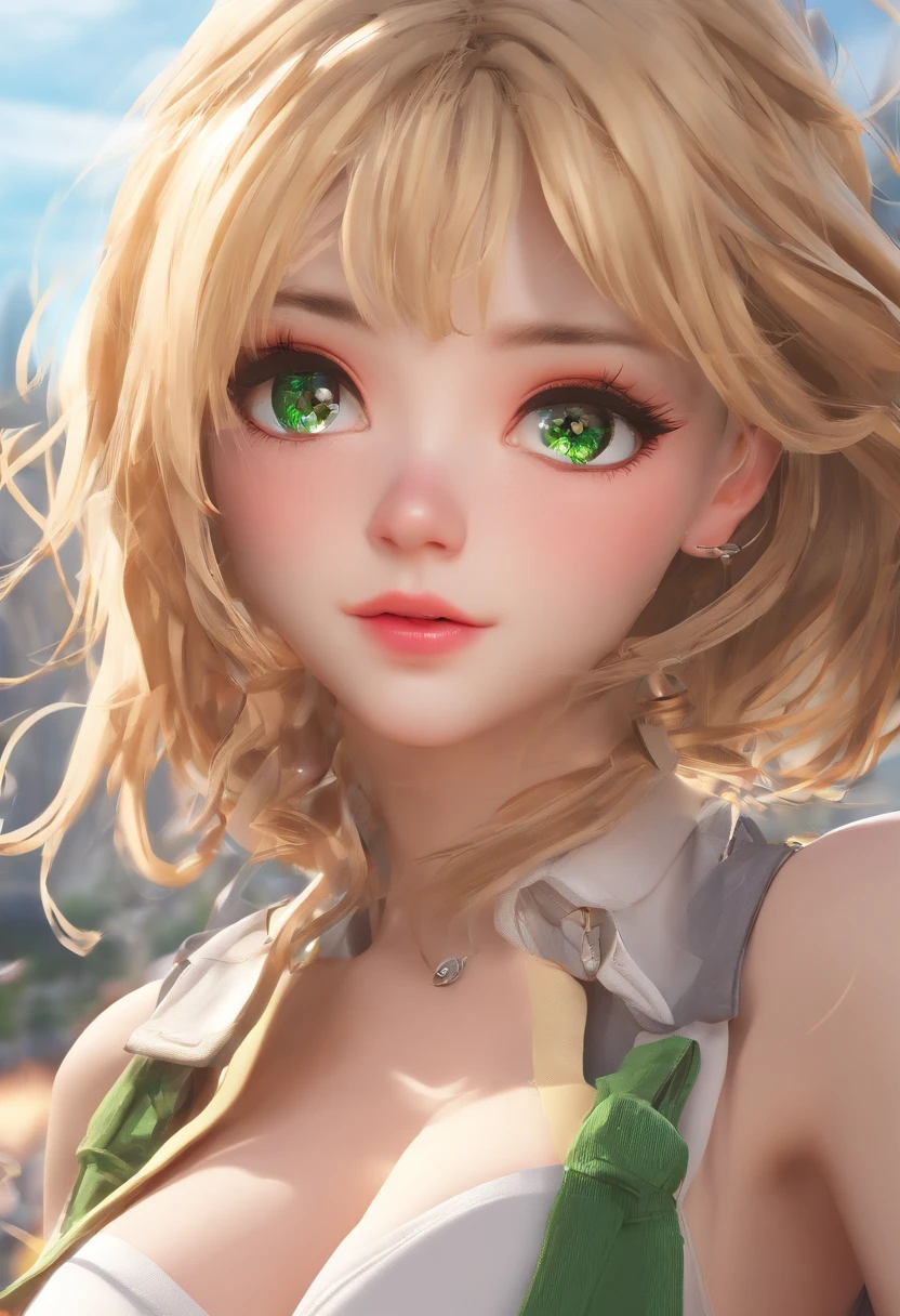 (Masterpiece), (Best quality, A high resolution, highly detailed, illustration), 1girll, Solo, City, Contemporary, Profile picture close-up, Long blonde beige hair, Green eyes, Beautiful detailed eyes, crouched, Earphone, 8K, trending on artstationh, Featured on Pixiv