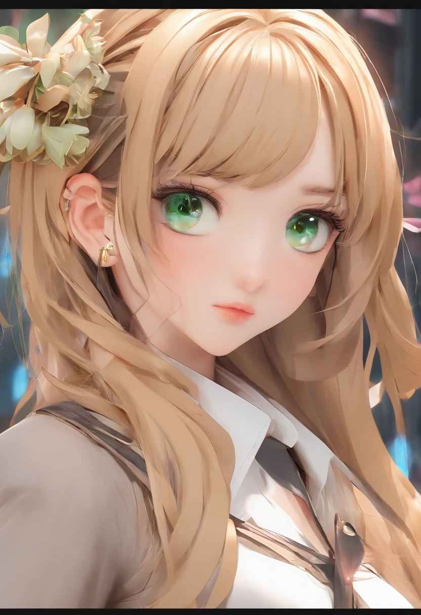 (Masterpiece), (Best quality, A high resolution, highly  detailed, illustration), 1girll, Solo, City, Contemporary, Profile picture close-up, Long blonde beige hair, Green eyes, Beautiful detailed eyes, crouched, Earphone, 8K, trending on artstationh, Featured on Pixiv