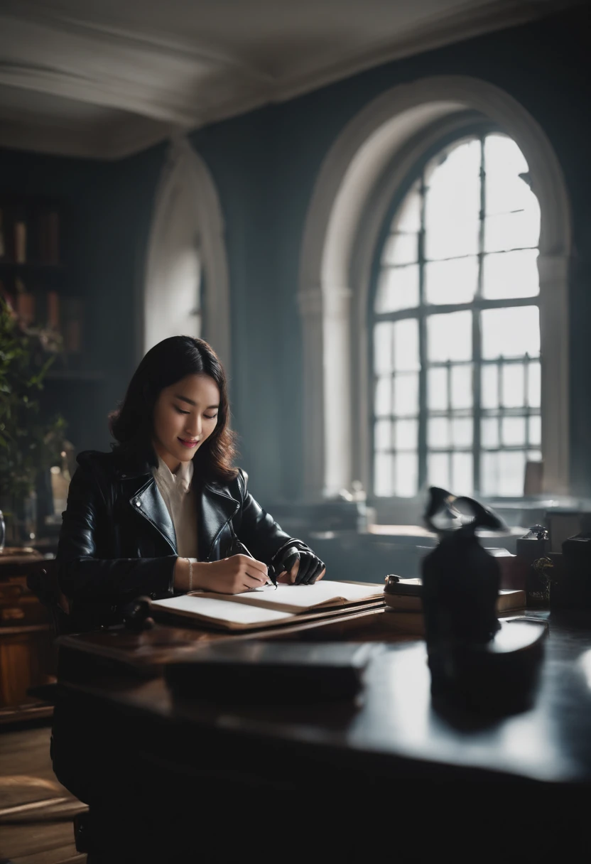 Wearing black leather gloves in both hands, upper body, black leather rider's jacket, facing the desk in the study, looking down and smiling, writing a letter using a fountain pen, black hair long straight, young Japanese woman (black leather gloves cover both hands)