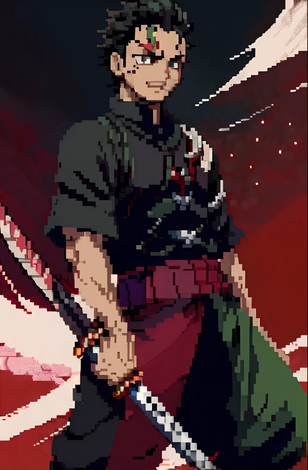 personagem de anime com uma espada e um fundo vermelho, Demon Slayer rui fanart, badass anime 8 k, estilo de arte demon slayer, Roronoa Zoro, Arte Oficial, cara bonito na arte demon slayer, por Shingei, inspired by Itō Ogura Yonesuke, Gatilho Estilo de Arte de Anime, inspired by Kanō Hōgai, papel de parede do telefone, pixel art