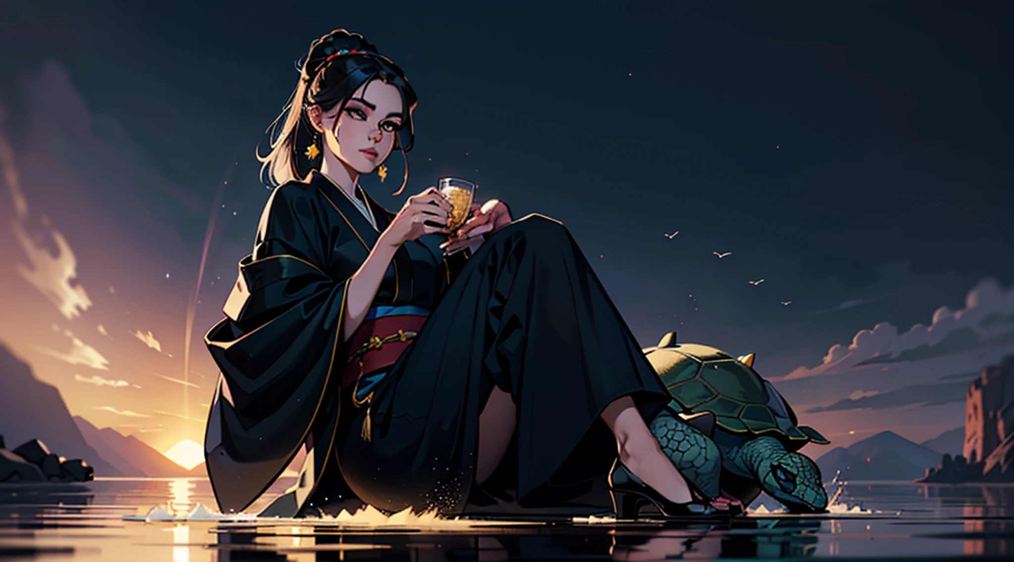 Chinese style, basalt fairy, dragon turtle, ((black giant turtle)), god, queen, gorgeous clothes, beautiful coat, clothes with tortoiseshell pattern, sitting on turtle back, (black robe), hanfu, lake, water, boulder, 32k --niji 5, pulseira de ouro, 8k, motor Unreal, altamente detalhado, tiro de corpo inteiro, (Skindentation: 1.5), realista, realista, (obra-prima: 1.5), arte conceitual, detalhes intrincados, altamente detalhado, realista, octane rendering, 8K, motor irreal, dinamic pose, melhor qualidade, alta resolução, (rosto realista: 1.1), (hiper-realismo: 1.1) , ((full_body)), olhos perfeitos, (pele brilhante: 1.2), ((penteado))), ((perfect hands))), (fundo muito detalhado), ((dynamic background), ((1girl)), ((Olhos detalhados, Olhos de alta qualidade, Rosto de alta qualidade)), saia-renda longa com diamante extremamente complexos, magical robes), magia, (dramatic), epic, profundidade de campo, bokeh, 4k, gotica, particules --auto