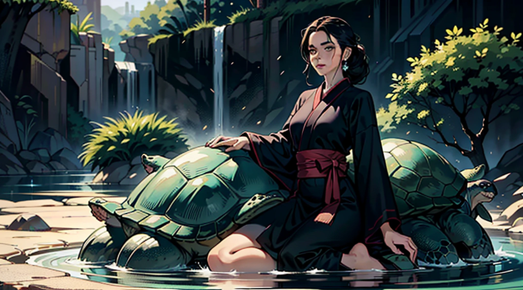 Chinese style, basalt fairy, dragon turtle, ((black giant turtle)), god, queen, gorgeous clothes, beautiful coat, clothes with tortoiseshell pattern, sitting on turtle back, (black robe), hanfu, lake, water, boulder, 32k --niji 5, pulseira de ouro, 8k, motor Unreal, altamente detalhado, tiro de corpo inteiro, (Skindentation: 1.5), realista, realista, (obra-prima: 1.5), arte conceitual, detalhes intrincados, altamente detalhado, realista, octane rendering, 8K, motor irreal, dinamic pose, melhor qualidade, alta resolução, (rosto realista: 1.1), (hiper-realismo: 1.1) , ((full_body)), olhos perfeitos, (pele brilhante: 1.2), ((penteado))), ((perfect hands))), (fundo muito detalhado), ((dynamic background), ((1girl)), ((Olhos detalhados, Olhos de alta qualidade, Rosto de alta qualidade)), saia-renda longa com diamante extremamente complexos, magical robes), magia, (dramatic), epic, profundidade de campo, bokeh, 4k, gotica, particules --auto