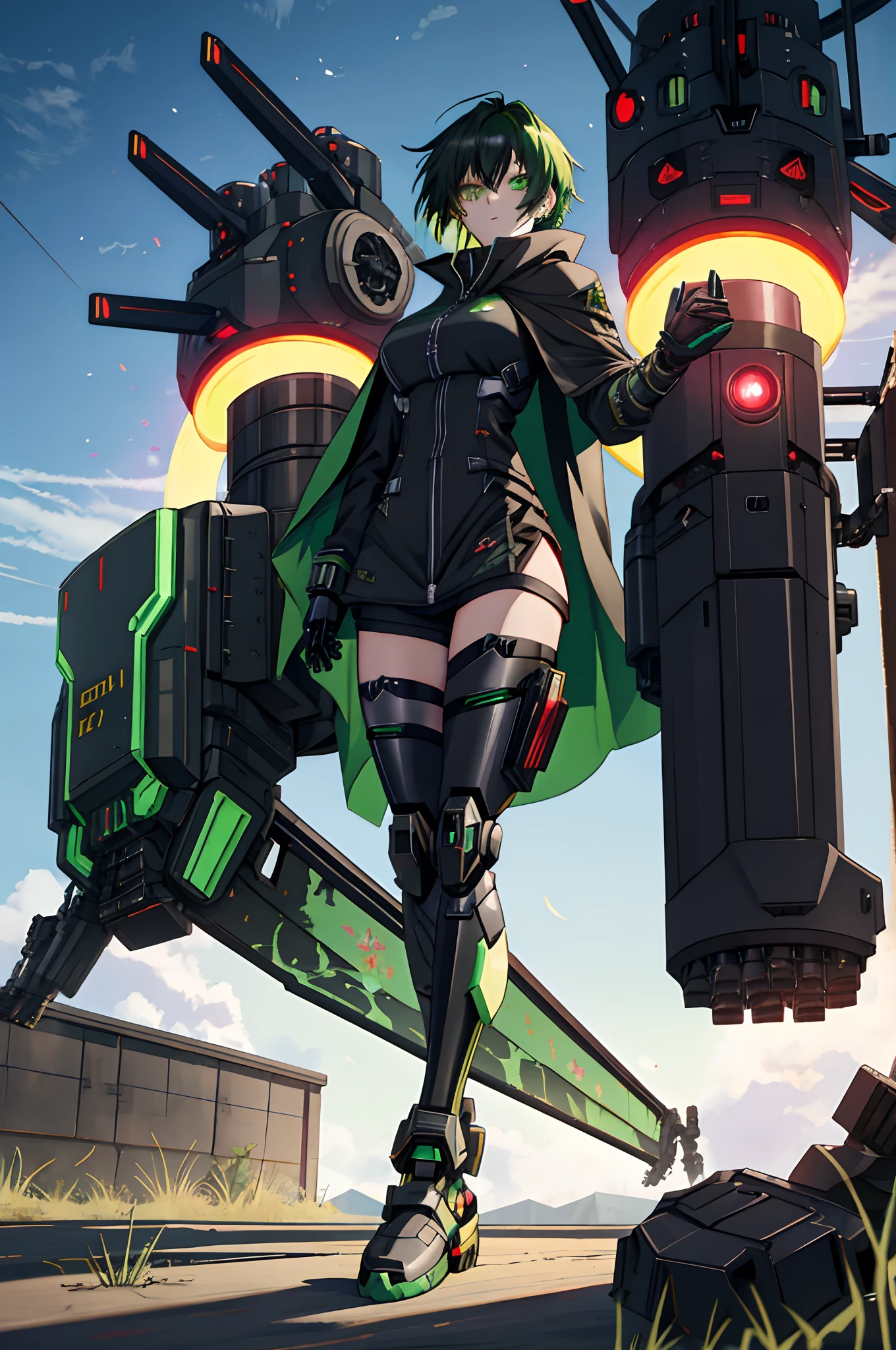 Anime girl sitting on the ground,Black cape and green hair, rogue anime girl, the anime girl is crouching, Wearing a cloak on the blasted plain, asuka suit under clothes!, holy cyborg necromancer girl, badass posture, mechanic punk outfit, anime styled 3d, render of a cute 3d anime girl, gapmoe yandere grimdark, Female character,musculature,Abs,Glowing green eyes,Black hair with green gradient,short detailed hair,Bunched hair,Dull hair,(1.5),Tomboyish,Be red in the face,looking at viewert,There was a mech next to her,One-eyed mech,The mech extends its shield to protect her,Black color mecha,Elaborate Eyes,Black mechanical legs,There is a hole in the wall,huge tit,huge breasts1.5,The mech is linked to the slashing knife