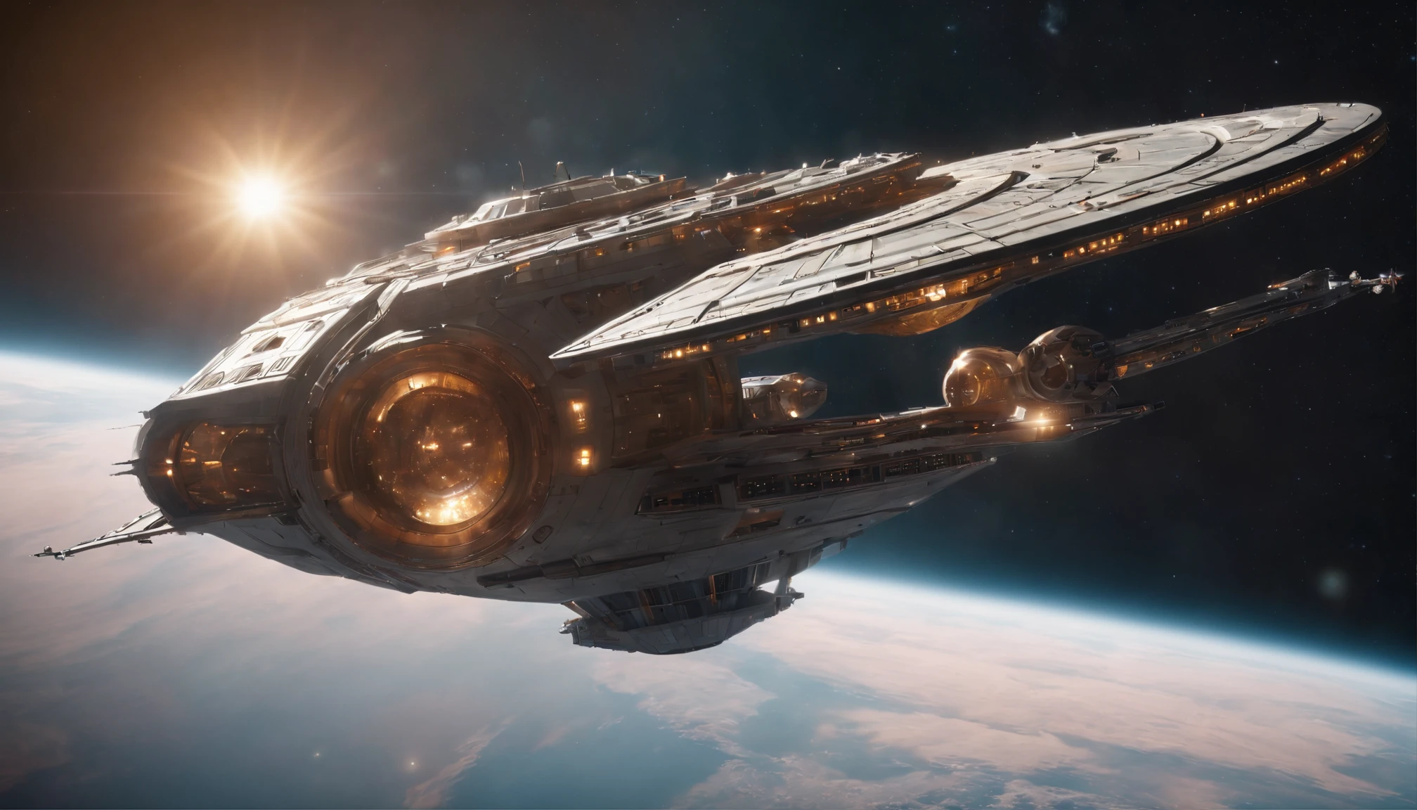 An intricate spaceship the size of a city, looking like an Xwing flying through another solar system