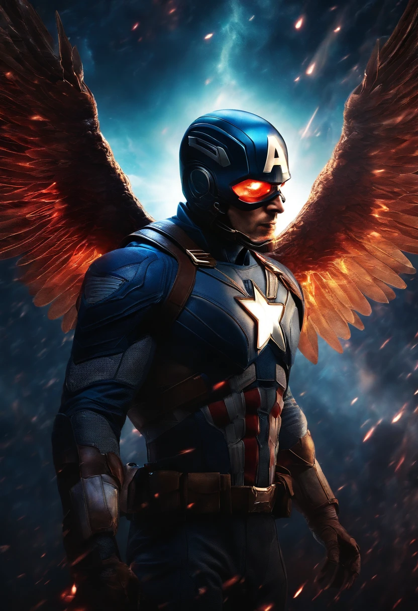 Cosmic Fallen Angel, captain america, glowing light eyes, Biomechanical, eerie, Creepy, nightmarish, Very bright colors, Light particles, with light glowing, Mshiff, wallpaper art, UHD wallpaper