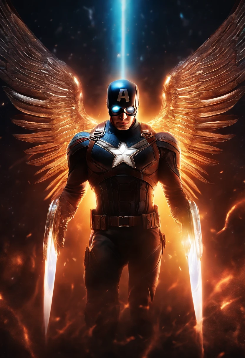 Cosmic Fallen Angel, captain america, glowing light eyes, Biomechanical, eerie, Creepy, nightmarish, Very bright colors, Light particles, with light glowing, Mshiff, wallpaper art, UHD wallpaper