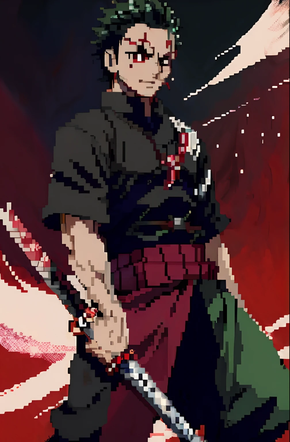 personagem de anime com uma espada e um fundo vermelho, Demon Slayer rui fanart, badass anime 8 k, estilo de arte demon slayer, Roronoa Zoro, Arte Oficial, cara bonito na arte demon slayer, por Shingei, inspired by Itō Ogura Yonesuke, Gatilho Estilo de Arte de Anime, inspired by Kanō Hōgai, papel de parede do telefone, pixel art