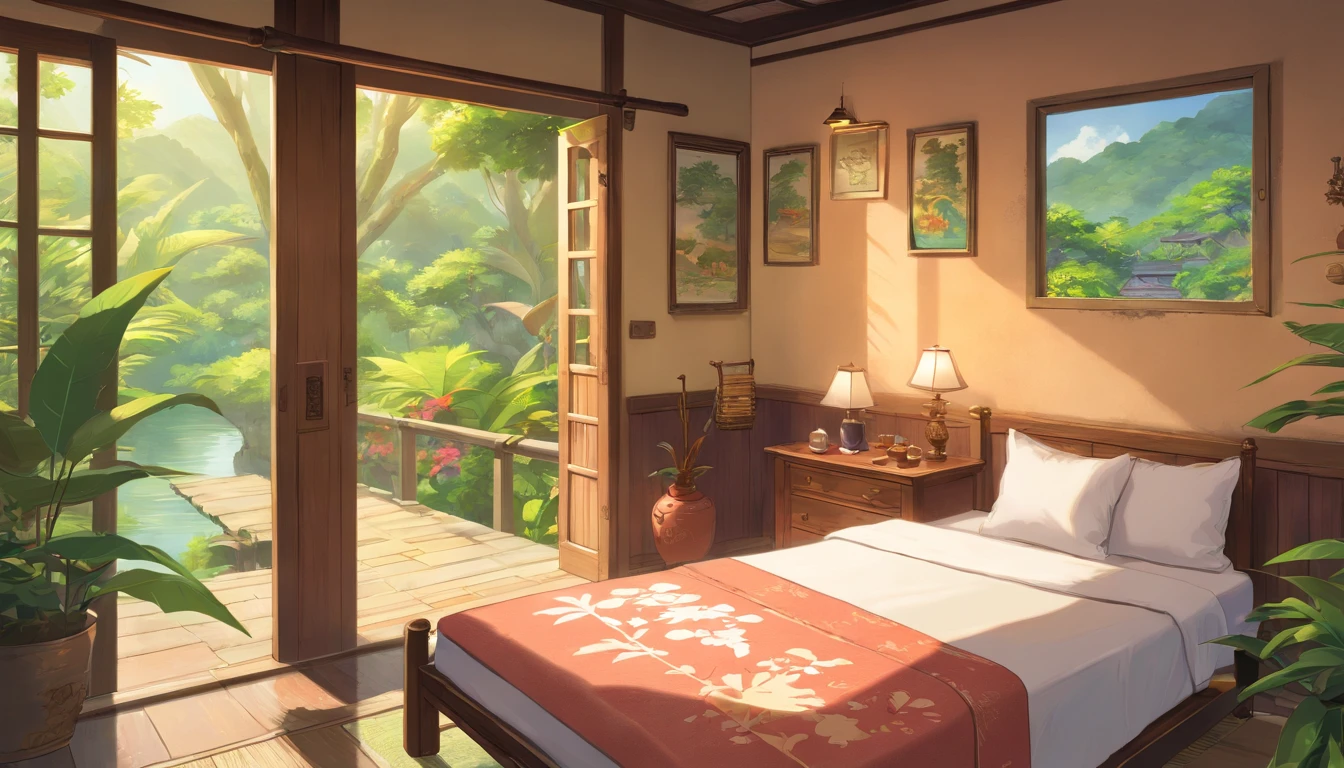 (bedroom,morning,rural village,teenage boy),photorealistic:1.37,highres,ultra-detailed,beautiful detailed eyes,long eyelashes,tropical climate,traditional Indonesian house,mosquito net,hazy sunlight,peaceful environment,fresh air,traditional woven rug,birds chirping,wooden furnishings,light streaming through the window,colorful floral patterns on the walls,serene atmosphere,small traditional wooden boat on the nearby river,lush greenery,coconut trees,distant sound of roosters,carefully carved wooden door,traditional artwork on the walls,traditional Indonesian breakfast on a tray,steaming hot cup of tea+warm sunlight streaming in through the window,rustling leaves,tranquil surroundings.