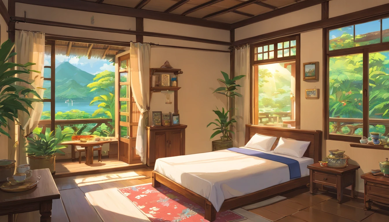 (bedroom,morning,rural village,teenage boy),photorealistic:1.37,highres,ultra-detailed,beautiful detailed eyes,long eyelashes,tropical climate,traditional Indonesian house,mosquito net,hazy sunlight,peaceful environment,fresh air,traditional woven rug,birds chirping,wooden furnishings,light streaming through the window,colorful floral patterns on the walls,serene atmosphere,small traditional wooden boat on the nearby river,lush greenery,coconut trees,distant sound of roosters,carefully carved wooden door,traditional artwork on the walls,traditional Indonesian breakfast on a tray,steaming hot cup of tea+warm sunlight streaming in through the window,rustling leaves,tranquil surroundings.
