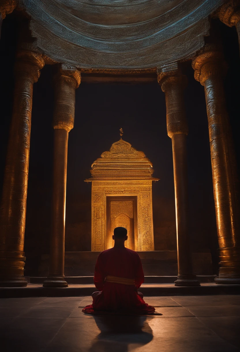 Film Photography Film Posters, un hombre joven chino meditando bajo un templo de un rey marcial, fortalecer cultivo, descubriendo energia, su fortaleza se distingue en un aura ante el espectador, decidido, aura tenebrosa, templo destruido, oscuridad, mounstruos