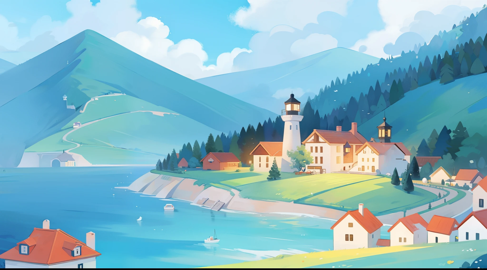 ((picture book illustration)), ocean fantasy, watercolor illustration, whimsical, warm colors, village, houses, huge lighthouse, ((masterpiece)), highly detailed environment