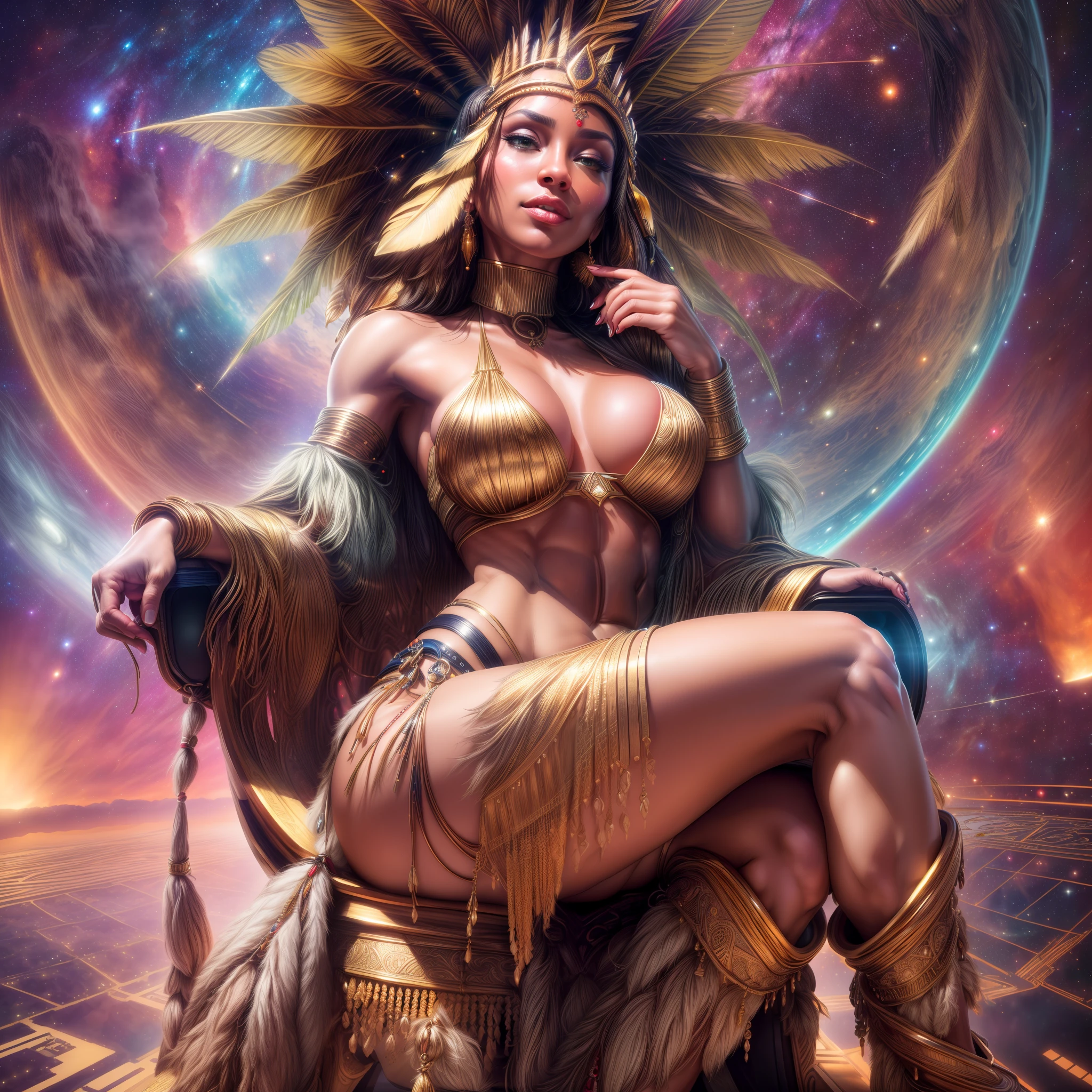 (Hyper Realistic, best quality),16k,(realistic, photo-realistic:1.5), Masterpiece,ultra high res, Stunning, ((35 years old Milf Brazilian Native Wild Tribal Woman Queen:1.4), (Dark-Skin:1.4), (Athletic_Muscle_Body_ABS_Thighs:1.4), (fleshy luscious lips:1.4), (Sitting on Futuristic Intricate Golden Throne in the Space Galaxy:1.4), (Camera View from below:1.5)), (Gorgeous Very Long Hair:1.4), (Nature Wild Native Tribal Clothes:1.4), (high detailed skin:1.4), (Cleft_Chin:1.4), (Perfect Face:1.3), (beautiful detailed eyes:1.3), naughty face, looking at viewer, Sexy, full-body,natural lighting, (Film grain, 8k uhd, dslr, Lens), hollywood lips, wide jaw line, wide lips, narrow beautiful nose, (maximalist photo 16k resolution, intricately detailed, complex, elegant, expansive, fantastica), Cinematic, Hyper-detailed, insane details, Beautifully color graded, Unreal Engine, DOF, Super-Resolution, Megapixel, Cinematic Lightning, Anti-Aliasing, FKAA, TXAA, RTX, SSAO, Post Processing, Post Production, Tone Mapping, CGI, VFX, SFX, Insanely detailed and intricate, Hyper maximalist, Hyper realistic, Volumetric, ultra photoreal, ultra-detailed, intricate details, Super detailed, Full color, Volumetric lightning, HDR, Realistic, Unreal Engine, 16K, Sharp focus, octane render
