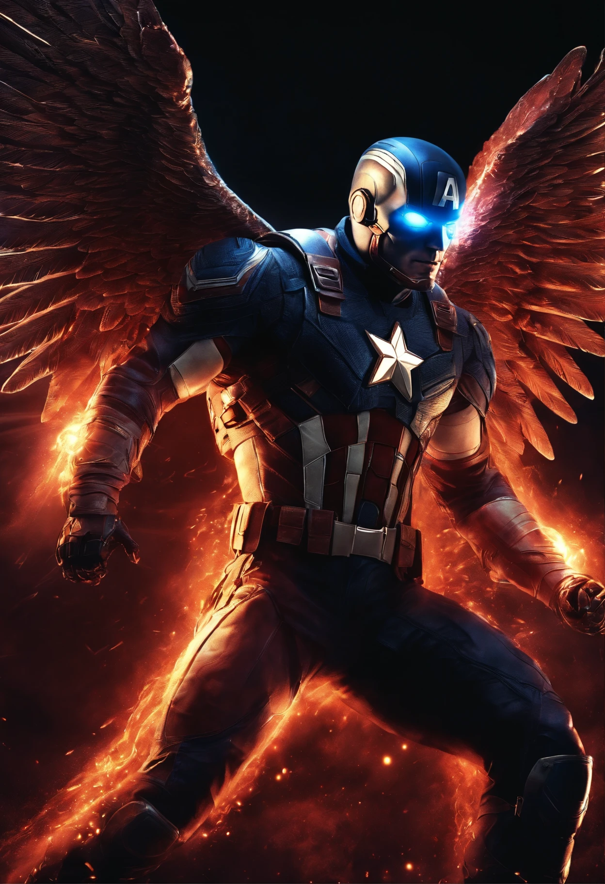 Cosmic Fallen Angel, captain america, glowing light eyes, Biomechanical, eerie, Creepy, nightmarish, Very bright colors, Light particles, with light glowing, Mshiff, wallpaper art, UHD wallpaper