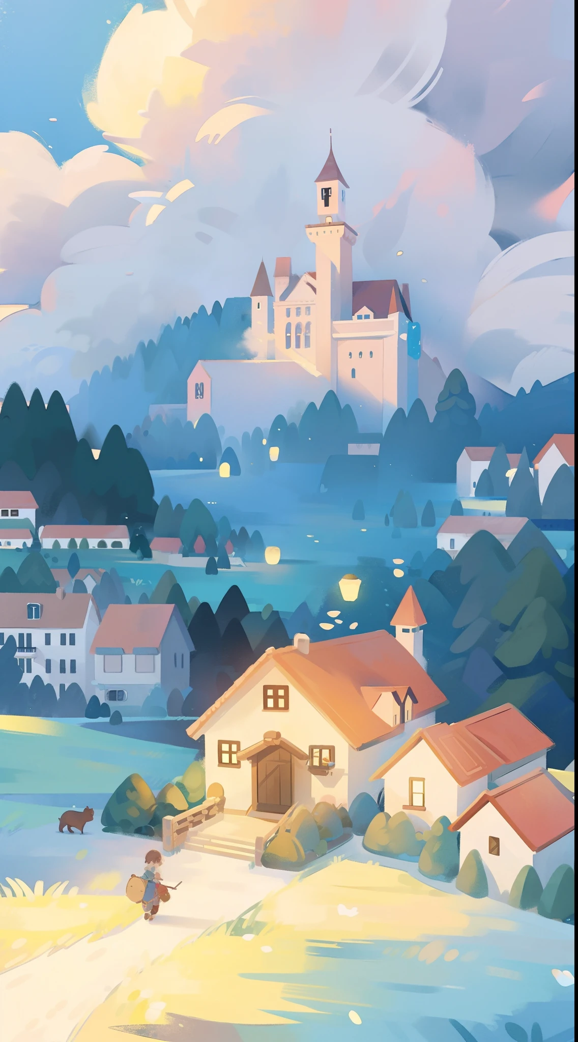 ((picture book illustration)), fantasy landscape, watercolor illustration, whimsical, warm colors, fairytale castle and village, ((princess castle)), fairytale medieval style houses, ((masterpiece)), highly detailed environment