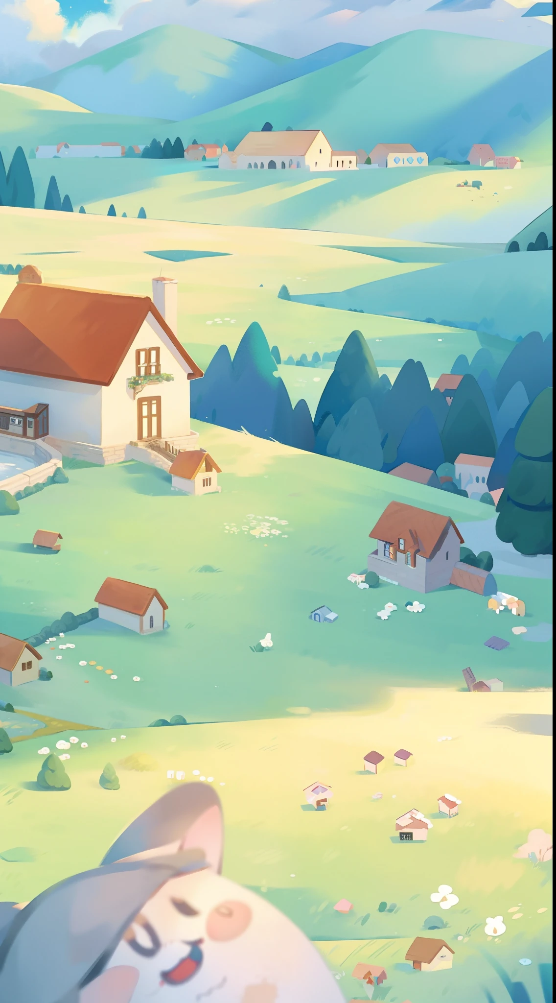 ((picture book illustration)), fantasy landscape, watercolor illustration, whimsical, warm colors, fairytale castle and village, ((princess castle)), fairytale medieval style houses, ((masterpiece)), highly detailed environment