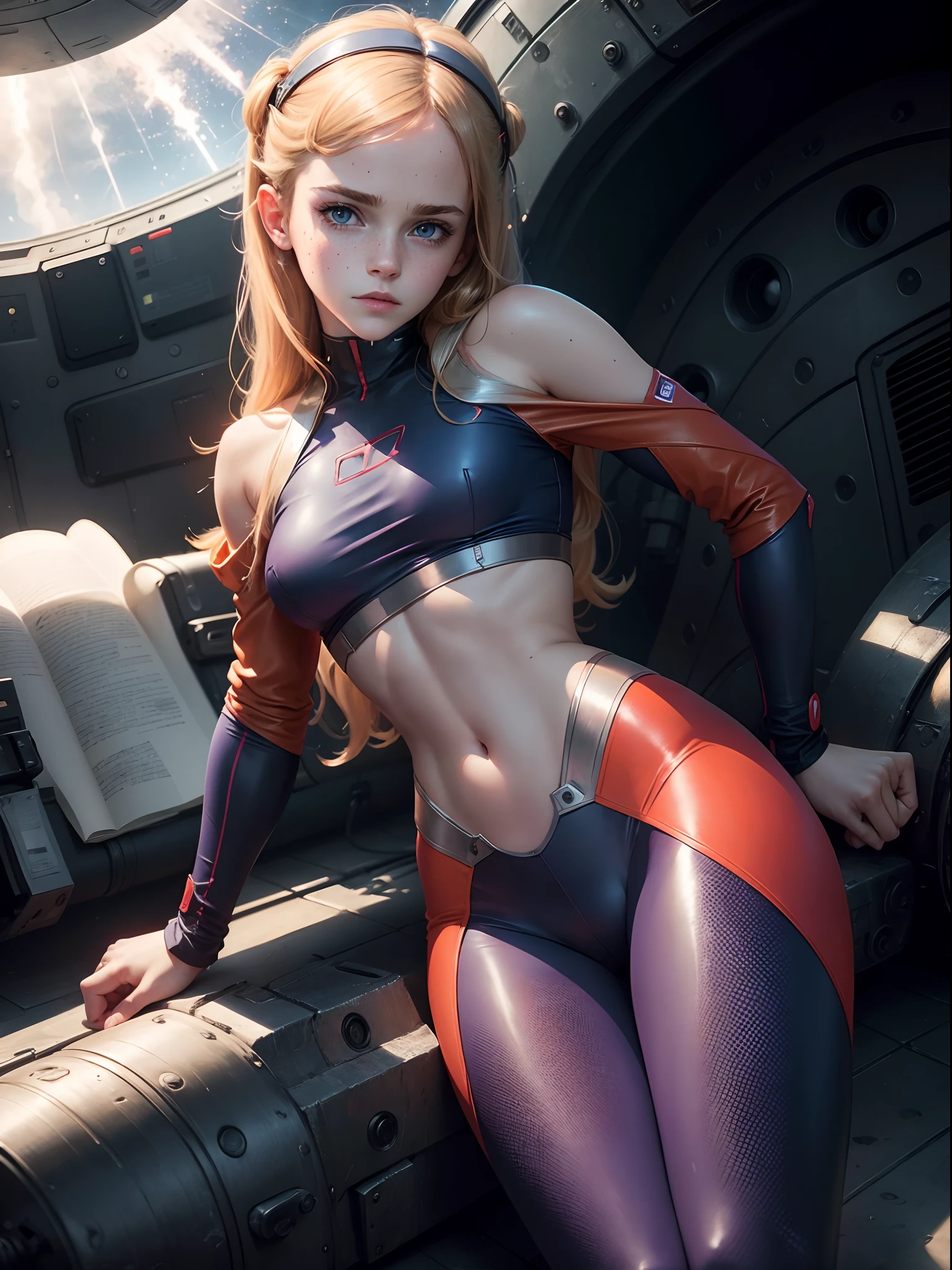 emma watson dressed in a plugsuit of evangelion blonde. freckles. sparkly blue eyes that speak of innocence and acceptance. Slender frame and beautiful figure. tight red pants. crop top. reading while lying outside a spaceship. ripped clothes exposing muscle. sci-fi.