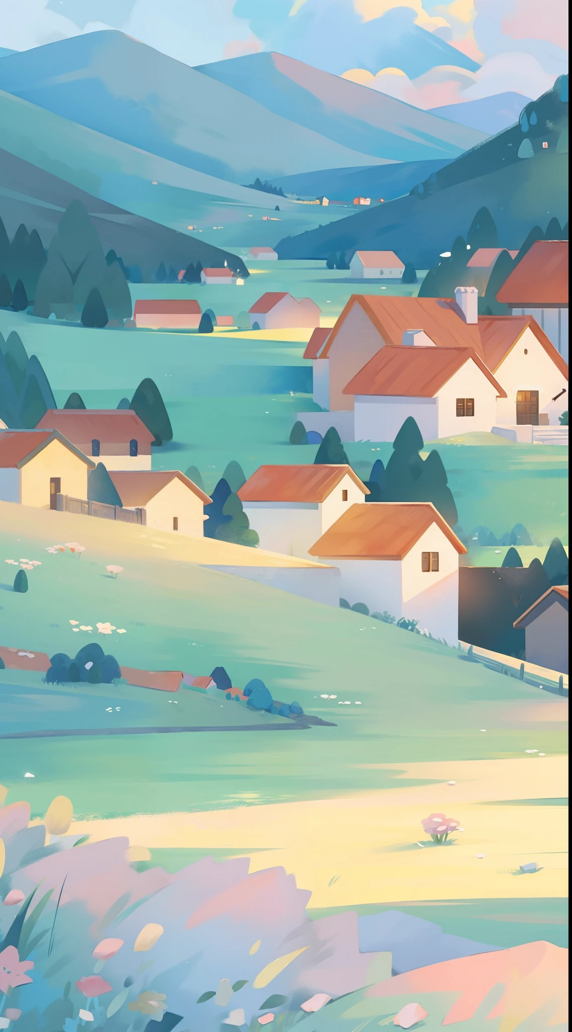 ((picture book illustration)), fantasy landscape, watercolor illustration, whimsical, warm colors, fairytale castle and village, ((princess castle)), fairytale medieval style houses, ((masterpiece)), highly detailed environment