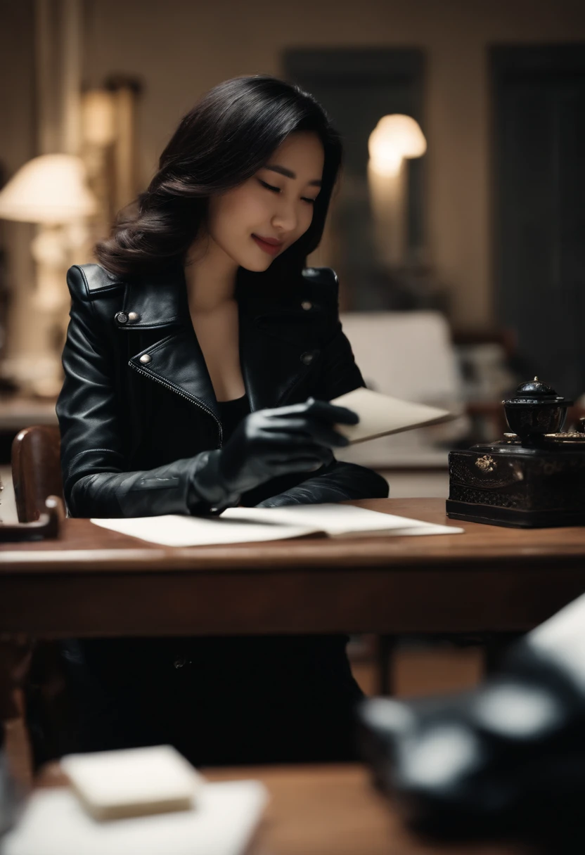 Wearing black leather gloves in both hands, upper body, black leather rider's jacket, facing the desk in the study, looking down and smiling, writing a letter using a fountain pen, black hair long straight, young Japanese woman (black leather gloves cover both hands)