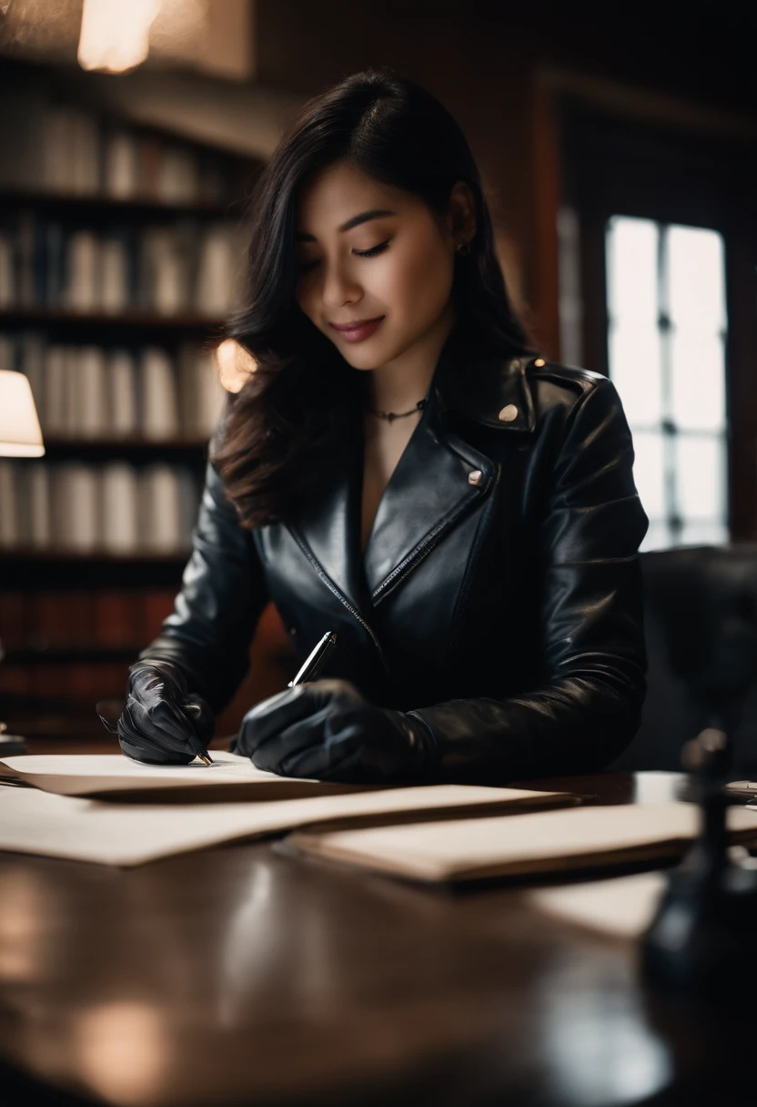 Wearing black leather gloves in both hands, upper body, black leather rider's jacket, facing the desk in the study, looking down and smiling, writing a letter using a fountain pen, black hair long straight, young Japanese woman (black leather gloves cover both hands)