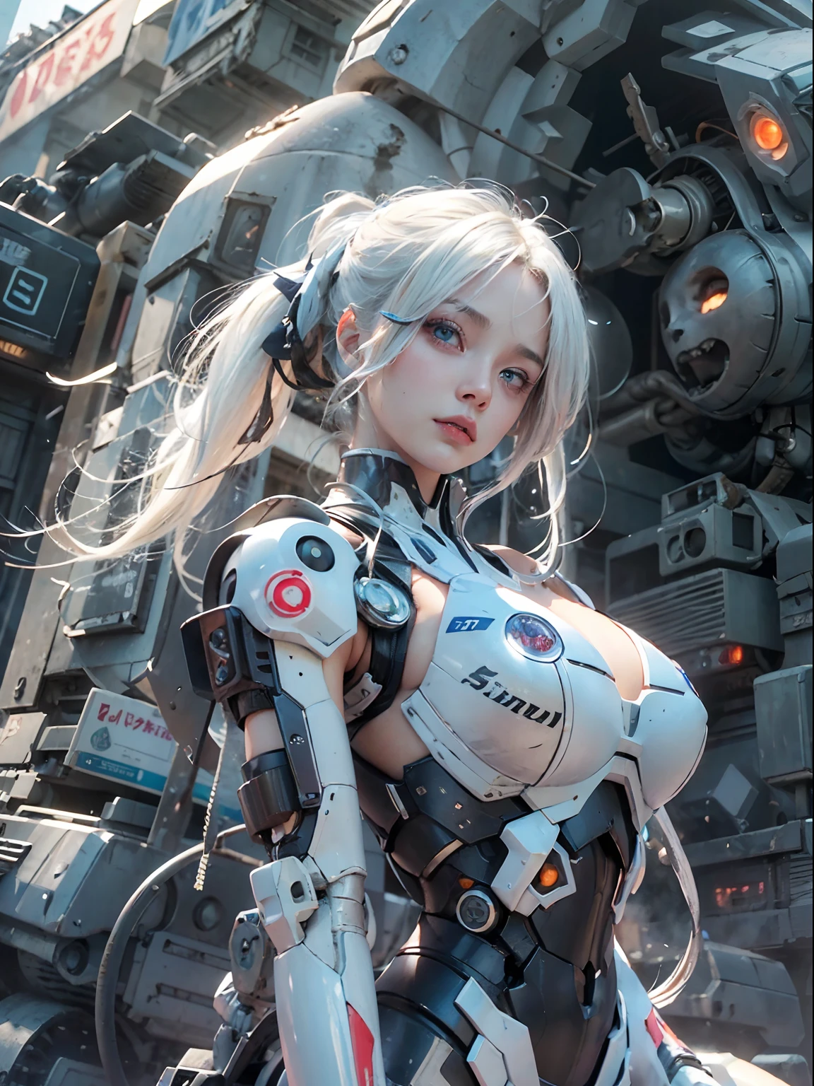 nsfw, 1girl, cyberpunk, mecha armor, mechanical, (masterpiece: 1.4), (8K, realistic, raw photo, best quality: 1.4), nipple areola shape clear, , Japanese girl, beautiful cute face, (real face: 1.4), perfect pussy, beautiful hairstyle, realistic blue eyes, beautiful detail eyes, (real skin: 1.3), beautiful skin, attractive, ultra high resolution, ultra realistic, off-sheller, night view, burning city, post apocalyptic world, cinematic lighting, white colored hair, long hair, twin ponytails, blue ribbons, angry face, weapon in hands, alien robots, futuristic fantasy, legs open, bottom_view, battle pose