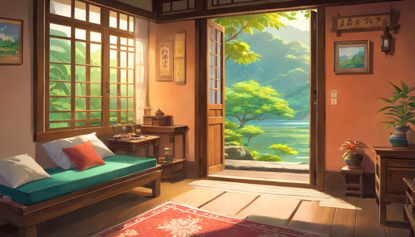 (bedroom,morning,rural village,1 teenage boy(just woke up),photorealistic:1.37,highres,ultra-detailed,beautiful detailed eyes,long eyelashes,tropical climate,traditional Indonesian house,mosquito net,hazy sunlight,peaceful environment,fresh air,traditional woven rug,birds chirping,wooden furnishings,light streaming through the window,colorful floral patterns on the walls,serene atmosphere,small traditional wooden boat on the nearby river,lush greenery,coconut trees,distant sound of roosters,carefully carved wooden door,traditional artwork on the walls,traditional Indonesian breakfast on a tray,steaming hot cup of tea+warm sunlight streaming in through the window,rustling leaves,tranquil surroundings.