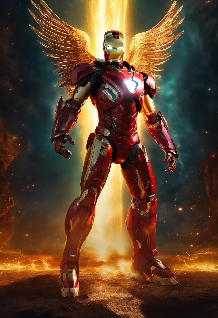 Cosmic Fallen Angel, Ironman, glowing light eyes, Biomechanical, eerie, Creepy, nightmarish, Very bright colors, Light particles, with light glowing, Mshiff, wallpaper art, UHD wallpaper