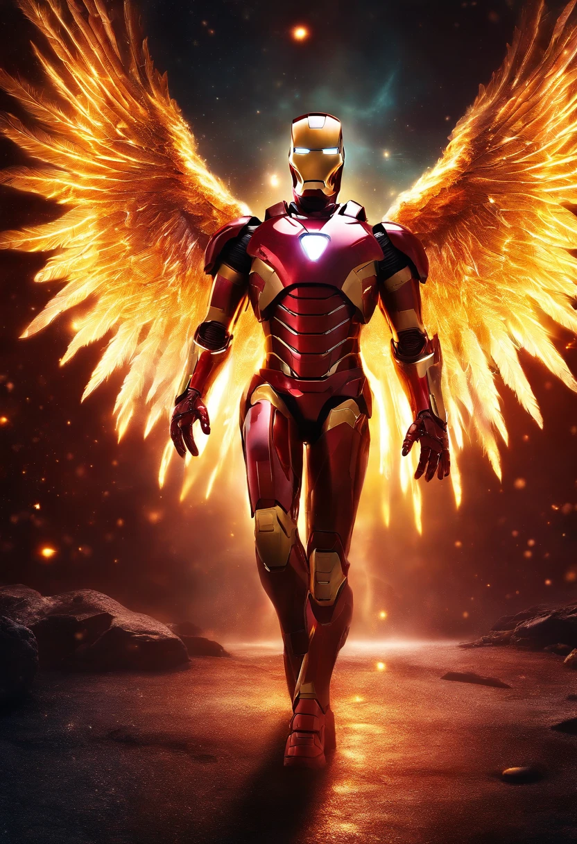 Cosmic Fallen Angel, Ironman, glowing light eyes, Biomechanical, eerie, Creepy, nightmarish, Very bright colors, Light particles, with light glowing, Mshiff, wallpaper art, UHD wallpaper