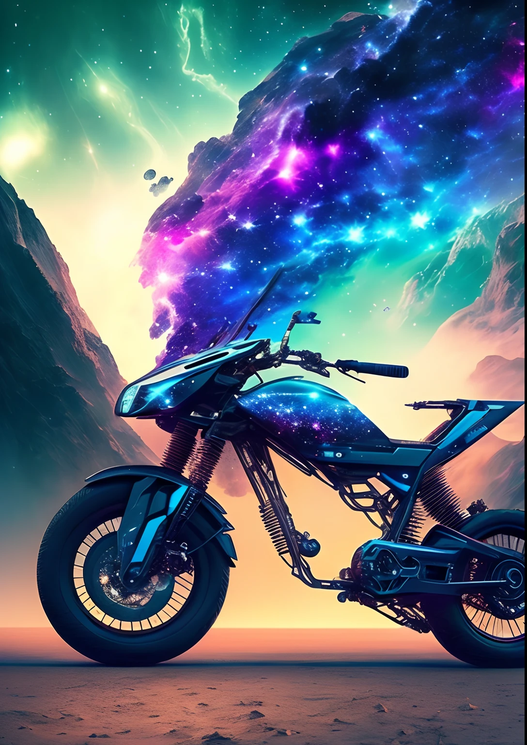 dreamlikeart, galaxy, outer space, nebula, star, [cyberpunked] Bikes from the Stars (star:1.5),