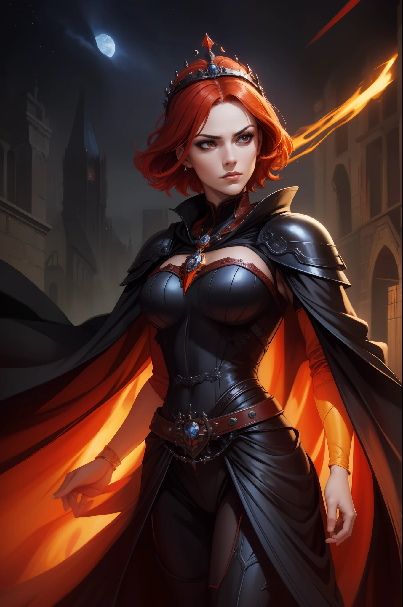 1girl, red streaked hair, black hair, long hair, side ponytail, crossed bangs, red eyes, black dress, black shorts, red skirt, turtleneck, fur trimmed jacket, open jacket, bare shoulders, chest armor, detached sleeves, sleeveless, evil smile, single red thigh high