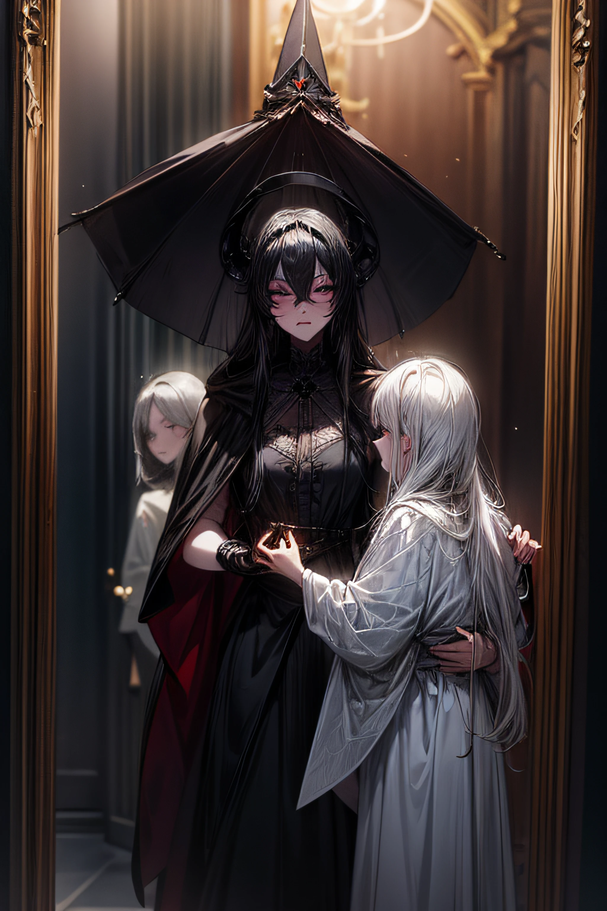 A cultist woman wearing a mirror masquerade mask, A black robe, un estilete en la mano y perfora la otra mano, The demon in the mirror devours the body of the cultist through the mask, An obsidian mirror appears behind and a mirror demon strikes it from the inside., alto realismo, High detail. The devil has pale and slippery skin, extremidades largas con garras, una boca grande con muchos dientes afilados y una lengua larga que cuelga de la boca. el cuerpo es delgado, Las costillas son visibles, Hundreds of little black eyes. Tiene una altura de 2 metros,Estilo Black Souls, Clear lines, bosquejo, sombreado.