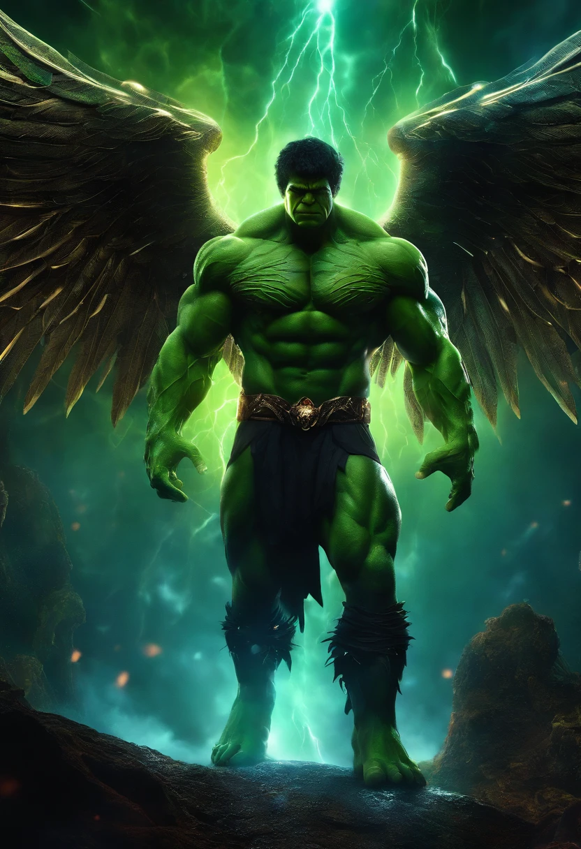 Cosmic Fallen Angel, hulk, glowing light eyes, Biomechanical, eerie, Creepy, nightmarish, Very bright colors, Light particles, with light glowing, Mshiff, wallpaper art, UHD wallpaper