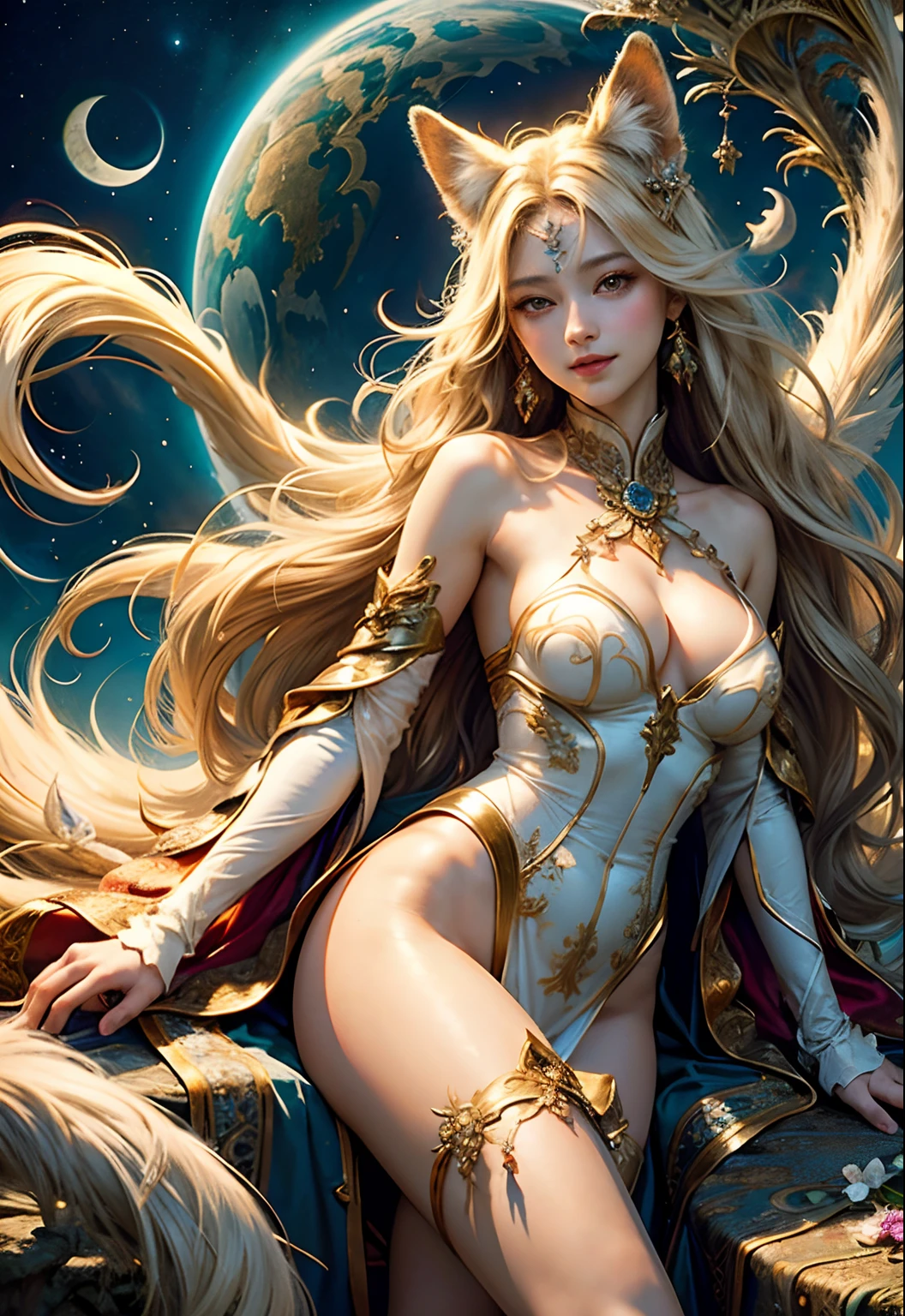 (​masterpiece、top-quality、top-quality、Official art、Beautifully Aesthetic:1.2)、(1girl in)、ighly detailed、(Fractal Art:1.3)、colourfull、highestdetailed　White Ninetail Fox　Golden background　Soft smile　breasts are large　Soft expression　A smile　blanche