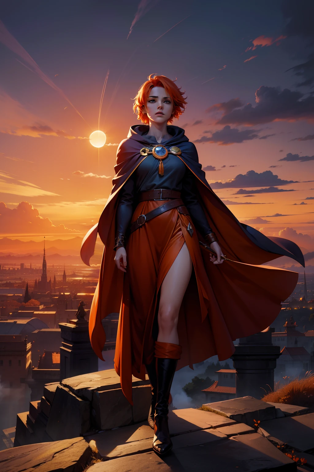 A mage with orange hair making a powerful position on a raised stone in a city among the clouds sunset sky full of clouds mage wearing robe hood beautiful 8k dramatic scene statues autumn trees character with short hair and large cape fluttering in the wind eclipse behind at the apex of the magnificent landscape image