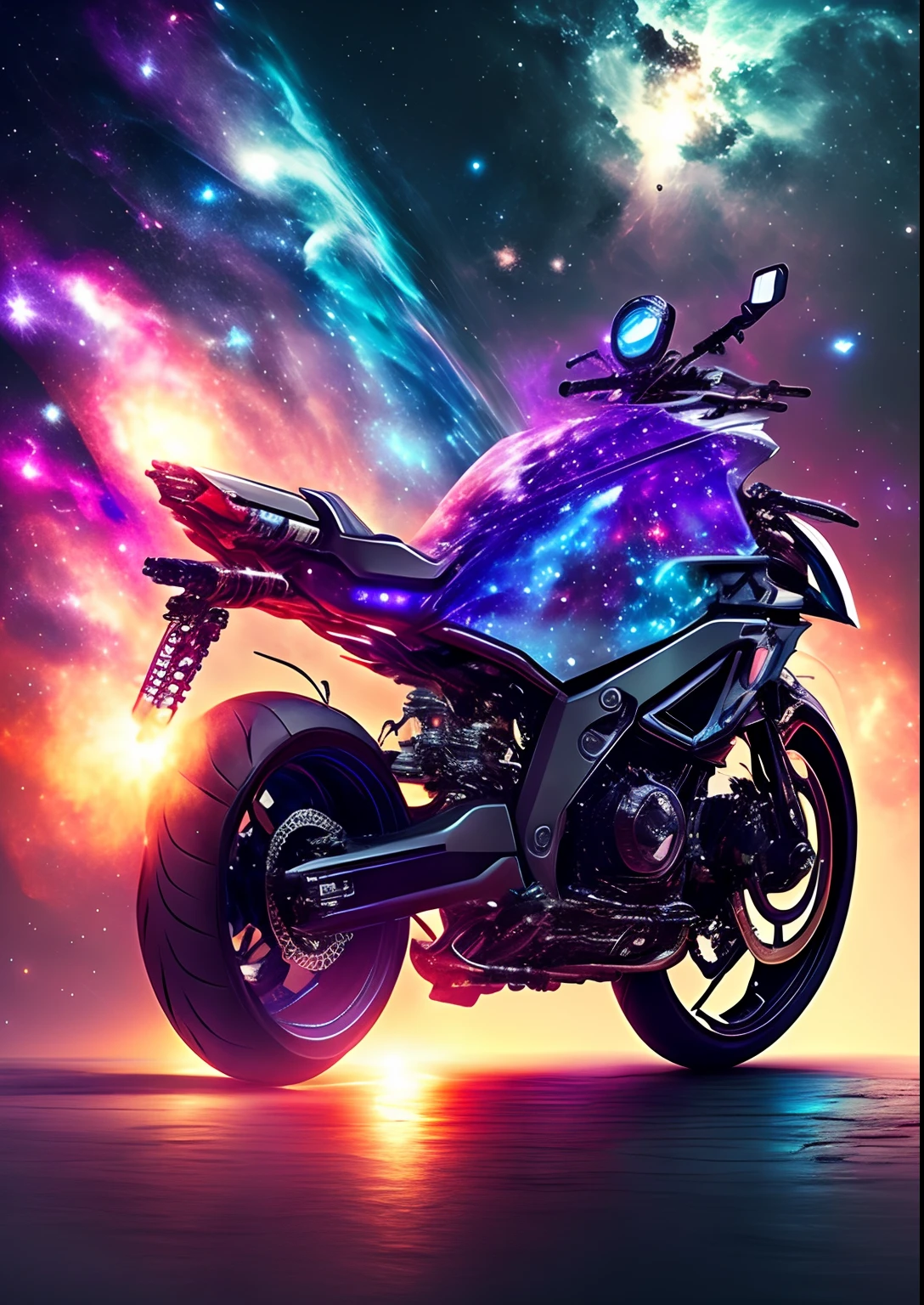 dreamlikeart, galaxy, outer space, nebula, star, [cyberpunked] Motorbike from the Stars (star:1.5),