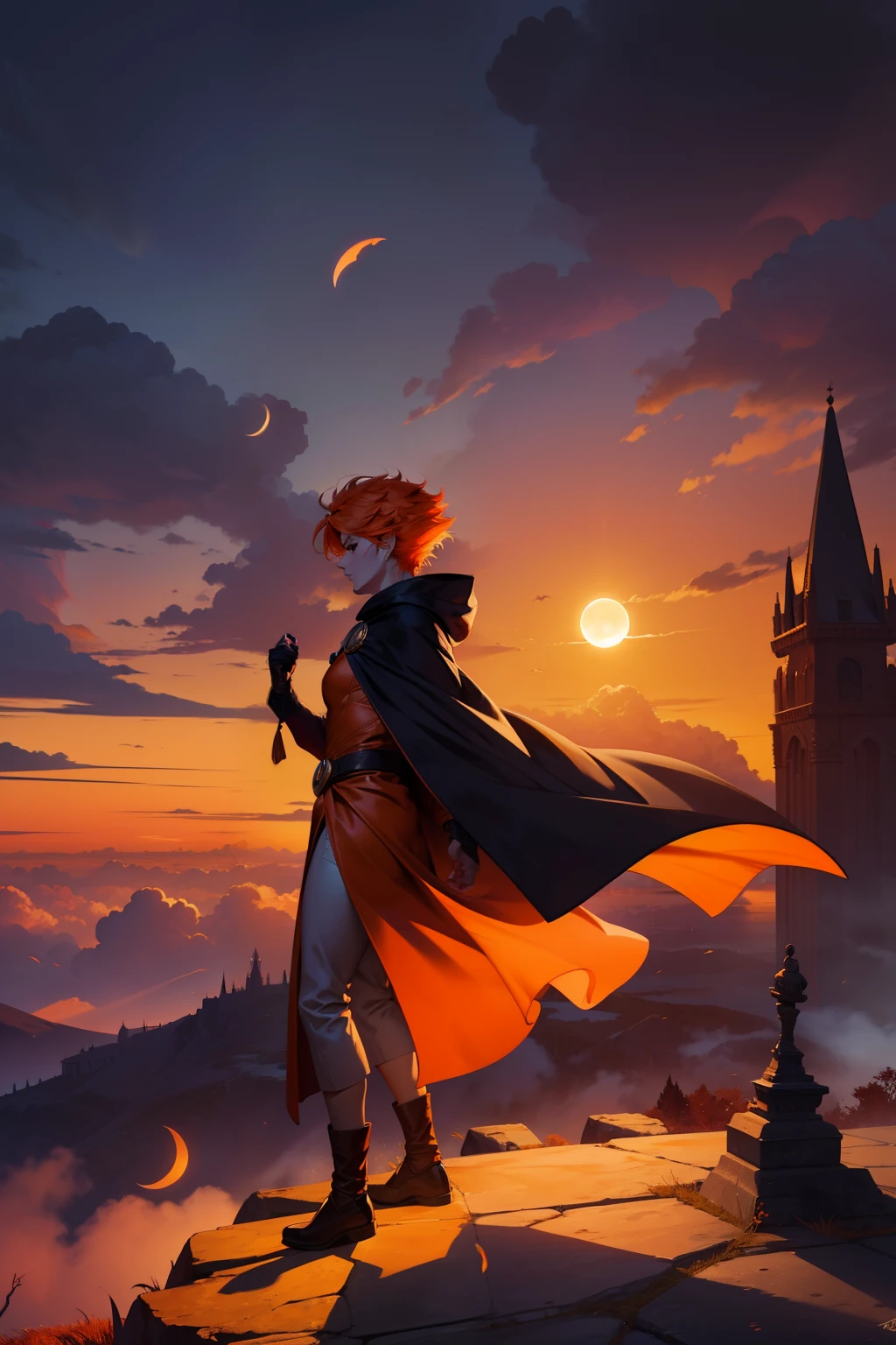 A mage with orange hair making a powerful position on a raised stone in a city among the clouds sunset sky full of clouds mage wearing robe hood beautiful 8k dramatic scene statues autumn trees character with short hair and large cape fluttering in the wind eclipse behind at the apex of the magnificent landscape image