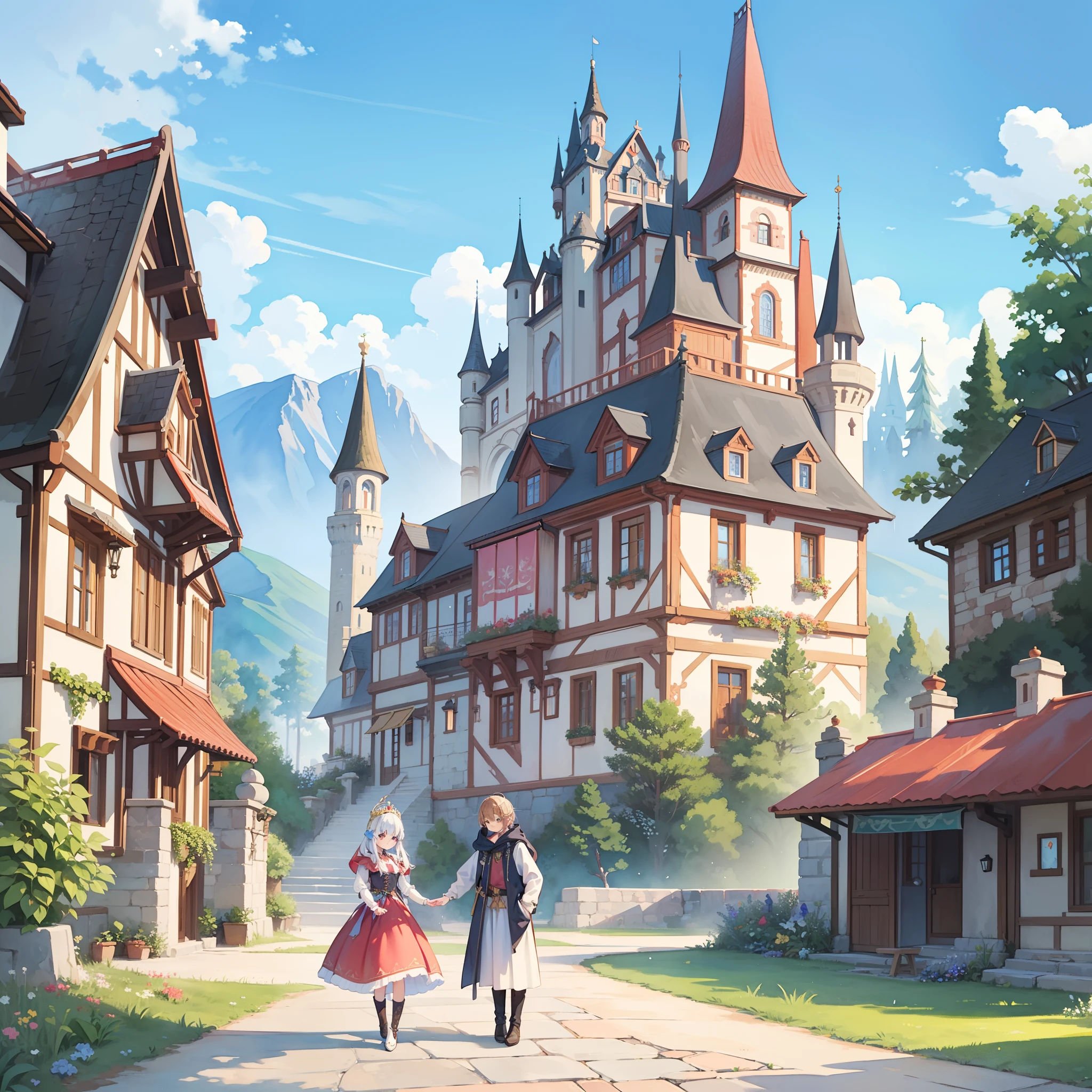((picture book illustration)), fantasy landscape, watercolor illustration, whimsical, warm colors, fairytale castle and village, ((princess castle)), fairytale medieval style houses, ((masterpiece)), highly detailed environment