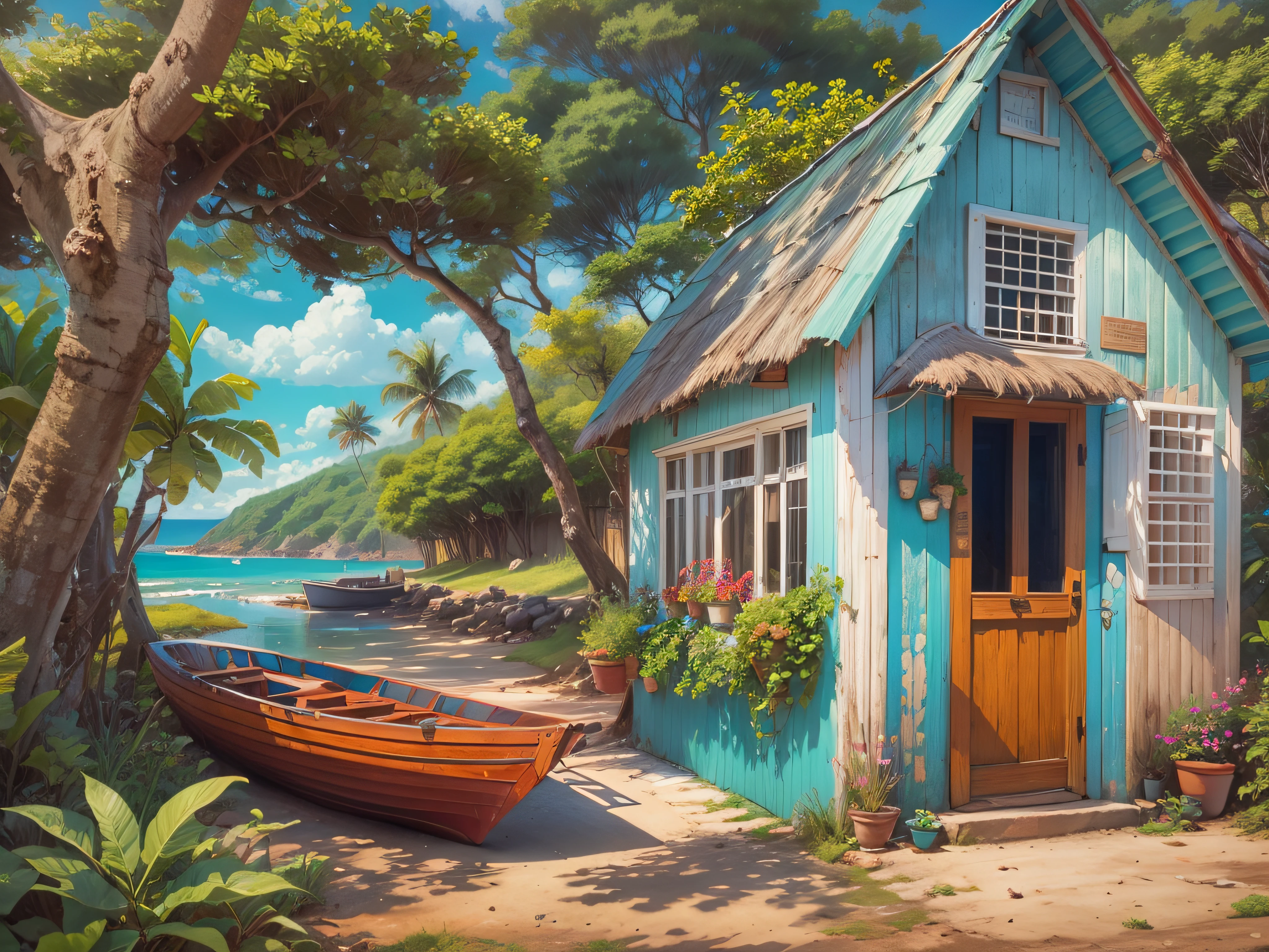 Seaside cottage, Blue sky, Nicaragua, small boats, the detail, 8k HD, best qualit