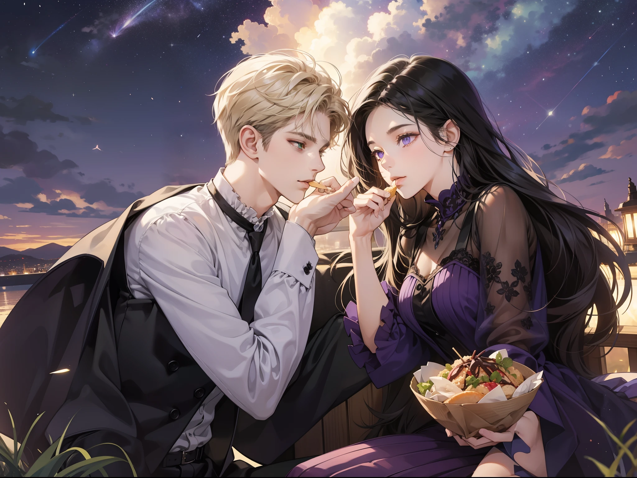 Happy couple, 1 girl 1 boy, different hair color, long black hair and purple eyes, short blonde hair and green eyes, face to face, romantic, outdoor, under the starry sky, night, sitting down, foods, mouth opens, talking, 25 years old