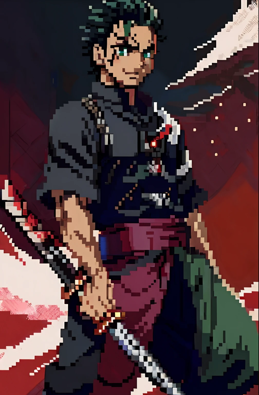 personagem de anime com uma espada e um fundo vermelho, Demon Slayer rui fanart, badass anime 8 k, estilo de arte demon slayer, Roronoa Zoro, Arte Oficial, cara bonito na arte demon slayer, por Shingei, inspired by Itō Ogura Yonesuke, Gatilho Estilo de Arte de Anime, inspired by Kanō Hōgai, papel de parede do telefone, pixel art, cool eyes