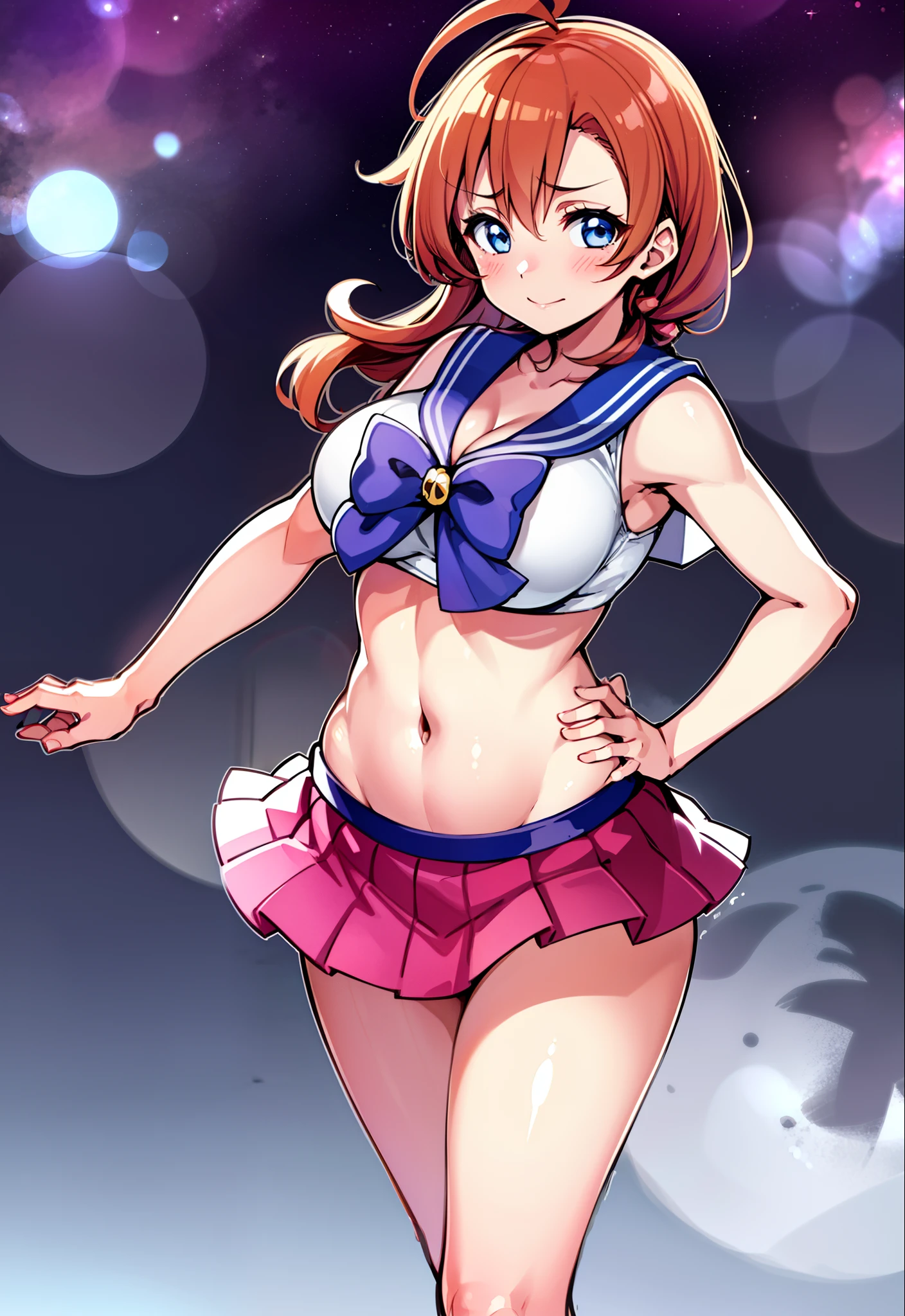 Kousaka honoka, blue eyes, sailor moon lingerie, red face,blunt hair,curvy body, standing, cowboy shot , tokyo street, japan, cleavage,  ahoge, Blushing, sailor moon pose