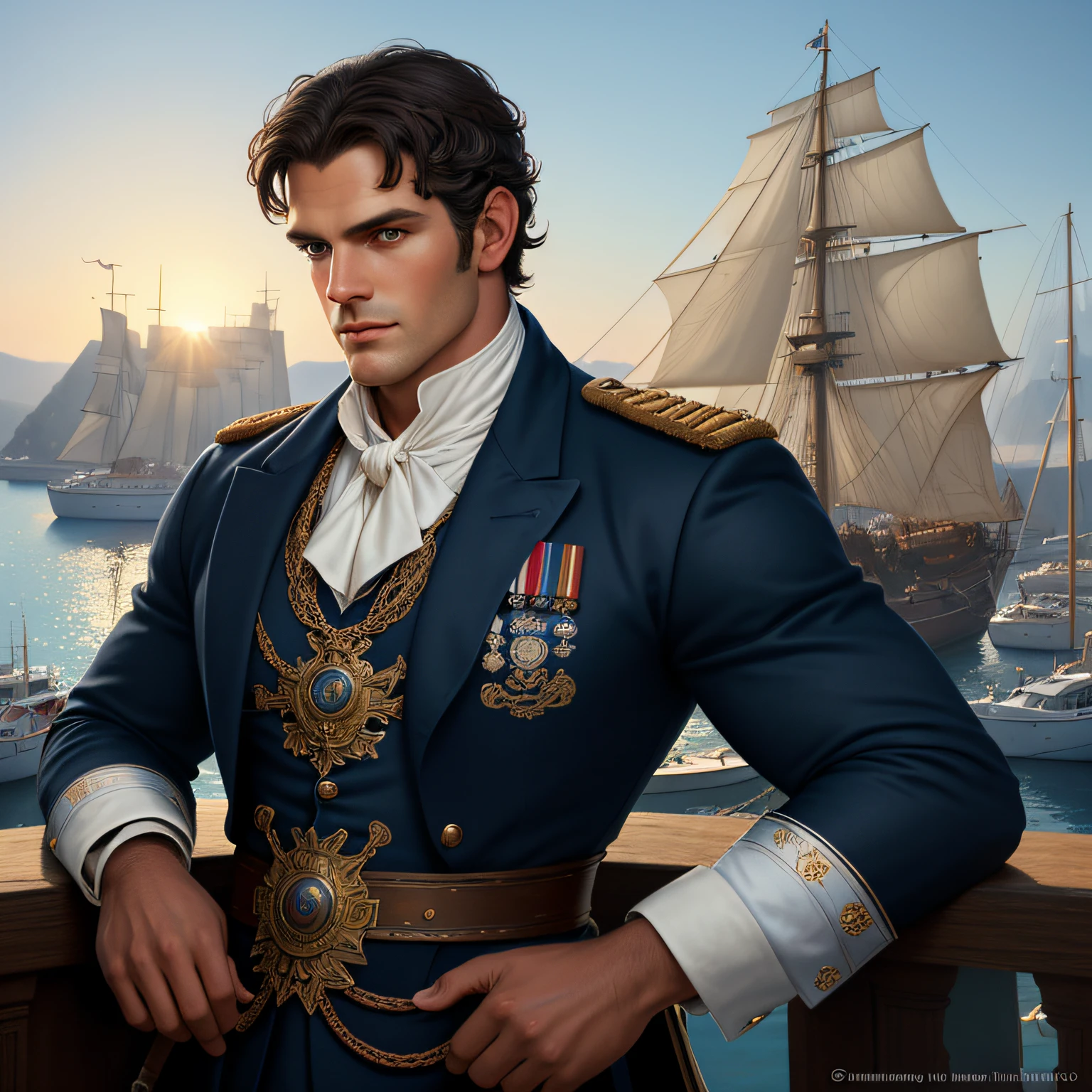 masterpiece stunning tanned and strong man, blue eyes, wearing regency navy uniform, no hat, looking up, ((sunny harbor background)), black very short hair, perfect and detailed warm and gentle blue eyes, black beard, little resemblance to henri cavill, full body, cover, hyperdetailed painting, luminism, Bar lighting, complex, 4k resolution concept art portrait by Greg Rutkowski, Artgerm, WLOP, Alphonse Mucha: a stunning realistic photograph 30 years