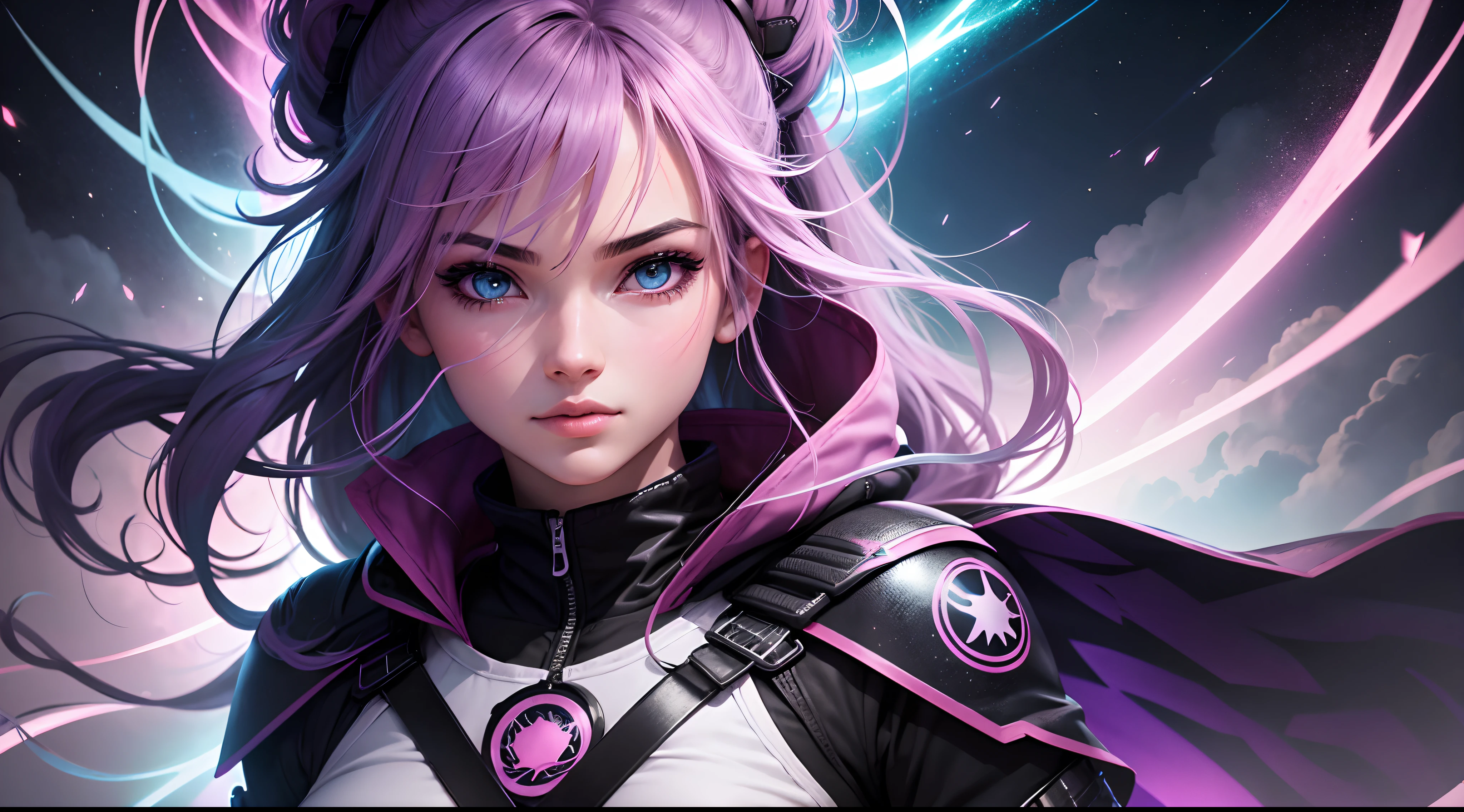 Mulher ninja com fone de ouvido sentido paz, olhos brilhantes com estrela, rosto bonito, RGB cores, cabelo rosa brilhante, Anime colorido, fundo brilhante, Banner for youtube video, menina feliz, clouds with RGB cores, bright RGB cores, completar, ser celestial, Gamer girl with a sword in her hand.