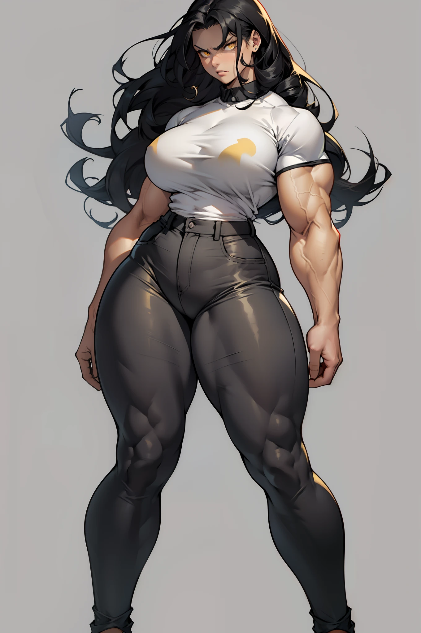 ((grey background)), solo, ((((1 girl)))), very long hair, black hair, angry, yellow eyes, (((((muscular))))), ((huge tits)), ((thick thighs)), ((wide hips)), (full body), pale skin, (tight shirt), (tight pants), standing, curly hair