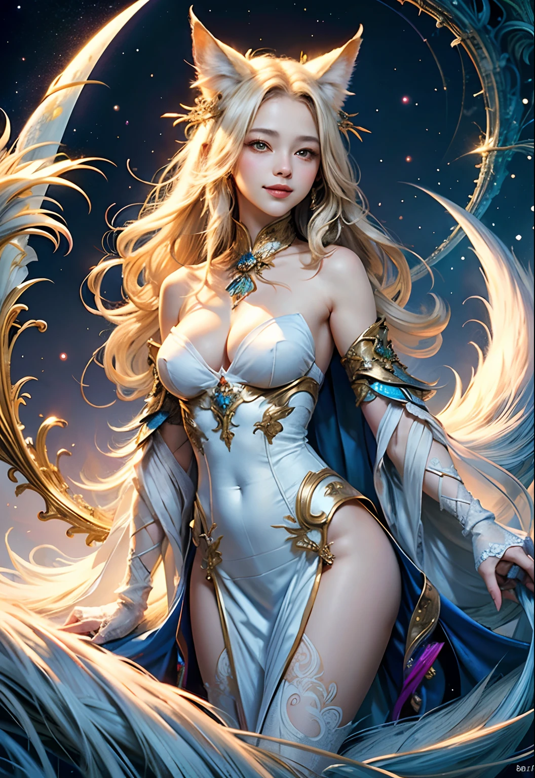 (​masterpiece、top-quality、top-quality、Official art、Beautifully Aesthetic:1.2)、(1girl in)、ighly detailed、(Fractal Art:1.3)、colourfull、highestdetailed　White White Ninetail Fox　Golden background　Soft smile　breasts are large　Soft expression　A smile　totally white