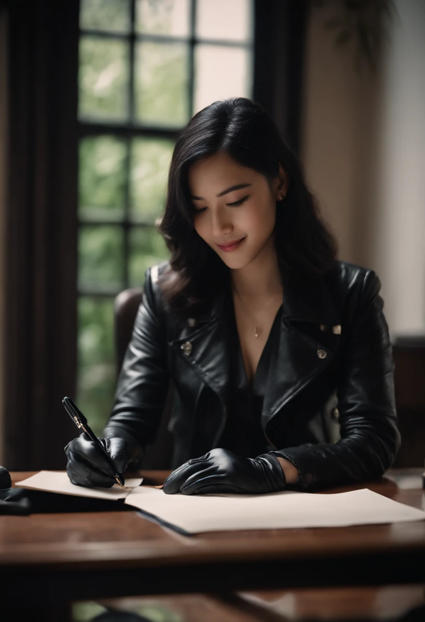 Wearing black leather gloves in both hands, upper body, black leather rider's jacket, facing the desk in the study, looking down and smiling, writing a letter using a fountain pen, black hair long straight, young Japanese woman (black leather gloves cover both hands)