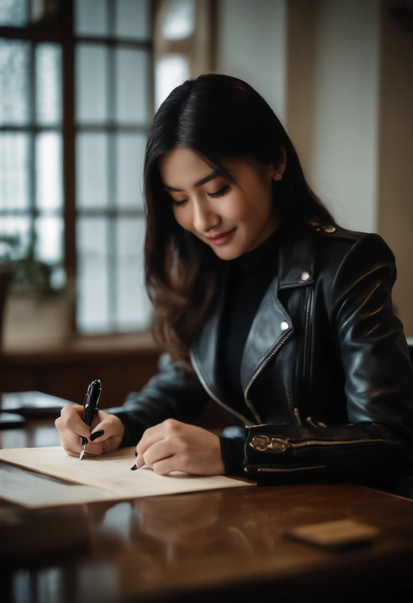 Wearing black leather gloves in both hands, upper body, black leather rider's jacket, facing the desk in the study, looking down and smiling, writing a letter using a fountain pen, black hair long straight, young Japanese woman (black leather gloves cover both hands)