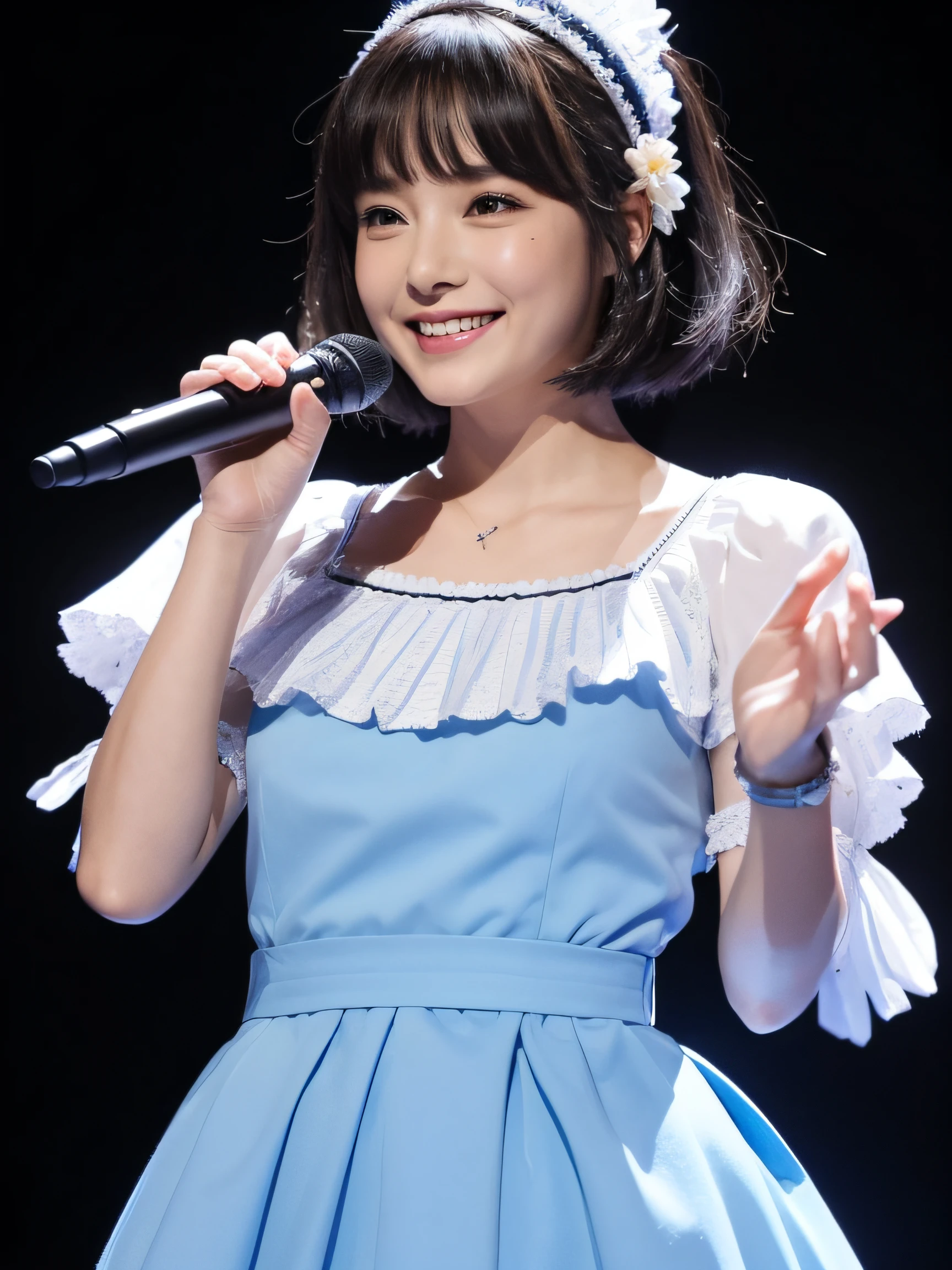 realisitic、Photorealsitic、masterpiece、top-quality、1 -yeld gibob cuts 、One girl、During the stage、Stage lighting、Stage Spotlight、Viewer's Perspective、A smile、Idol singing costumes、The costume is light blue、Costumes with a lot of frills、shortsleeves、a miniskirt、Bust is small、Lite Version、(pureerosface_v1:0.8)、perfect anatomia、4 fingers and 1 thumb
