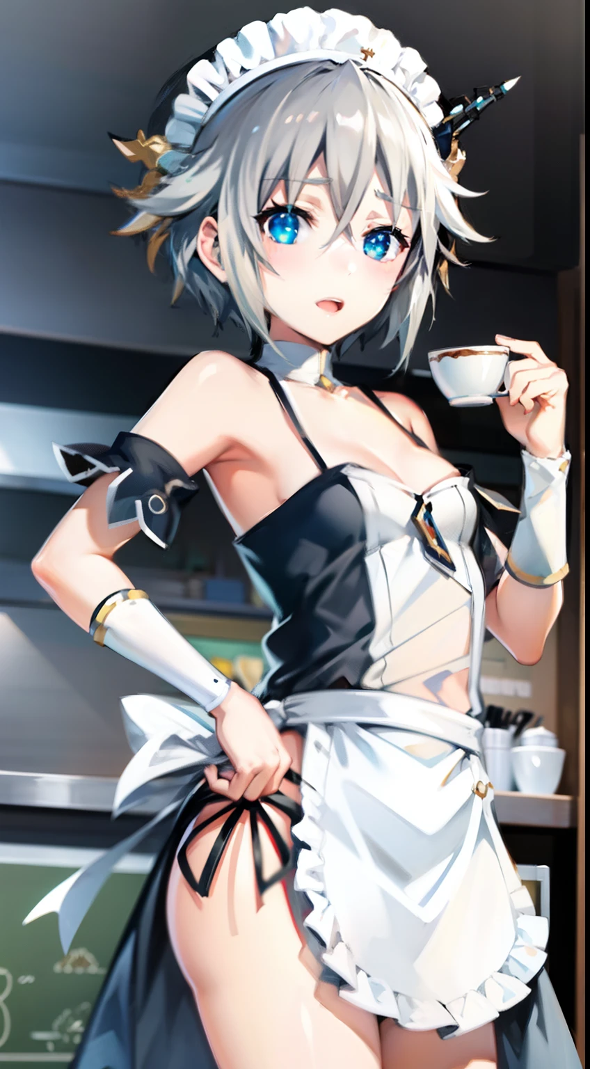 hn1, small breasts, best quality, (masterpiece), cafe background, naked, ((white apron)),